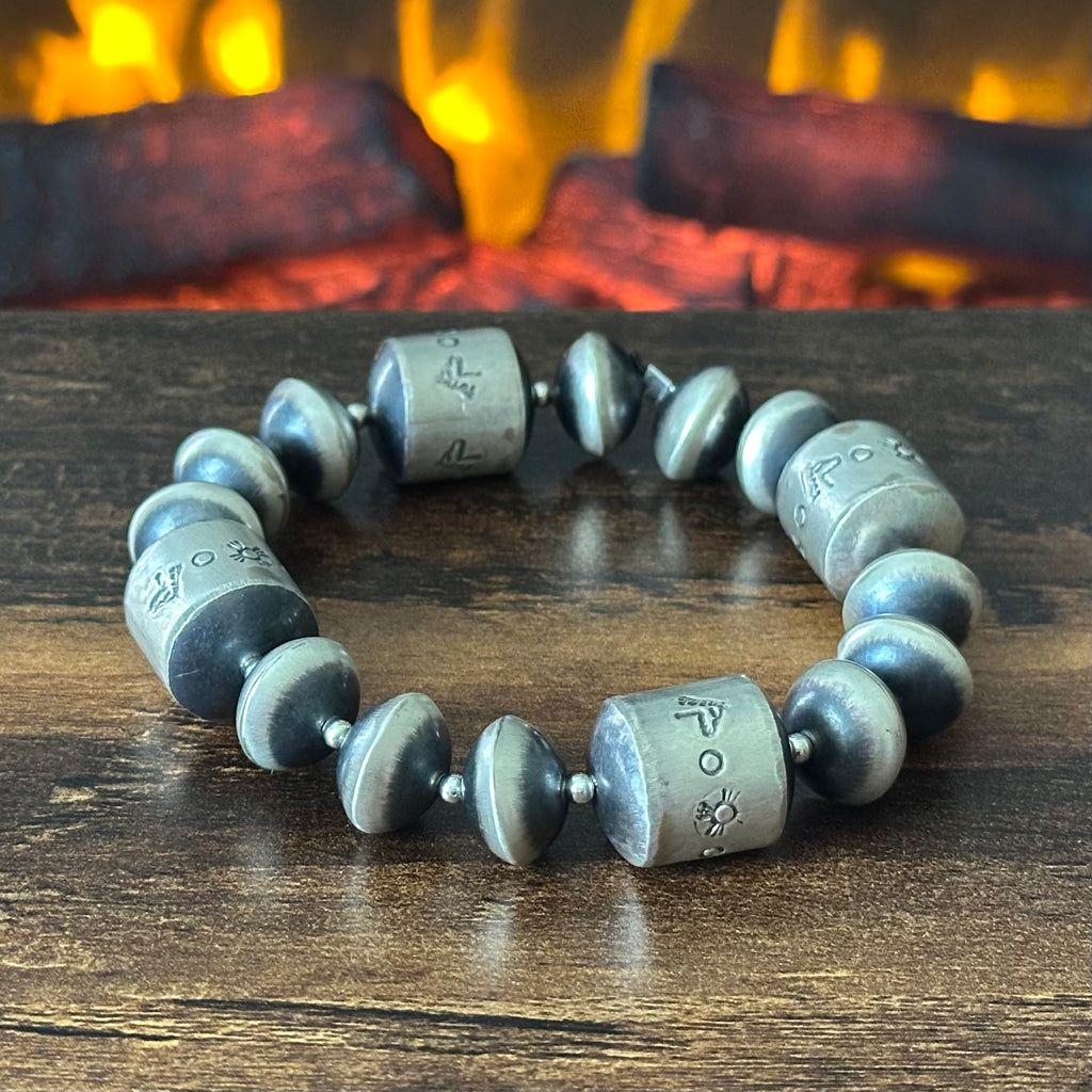 Navajo Sharon Cooley Sterling Handmade Stamped Horse Cylinder Bead Pearl Bracelet