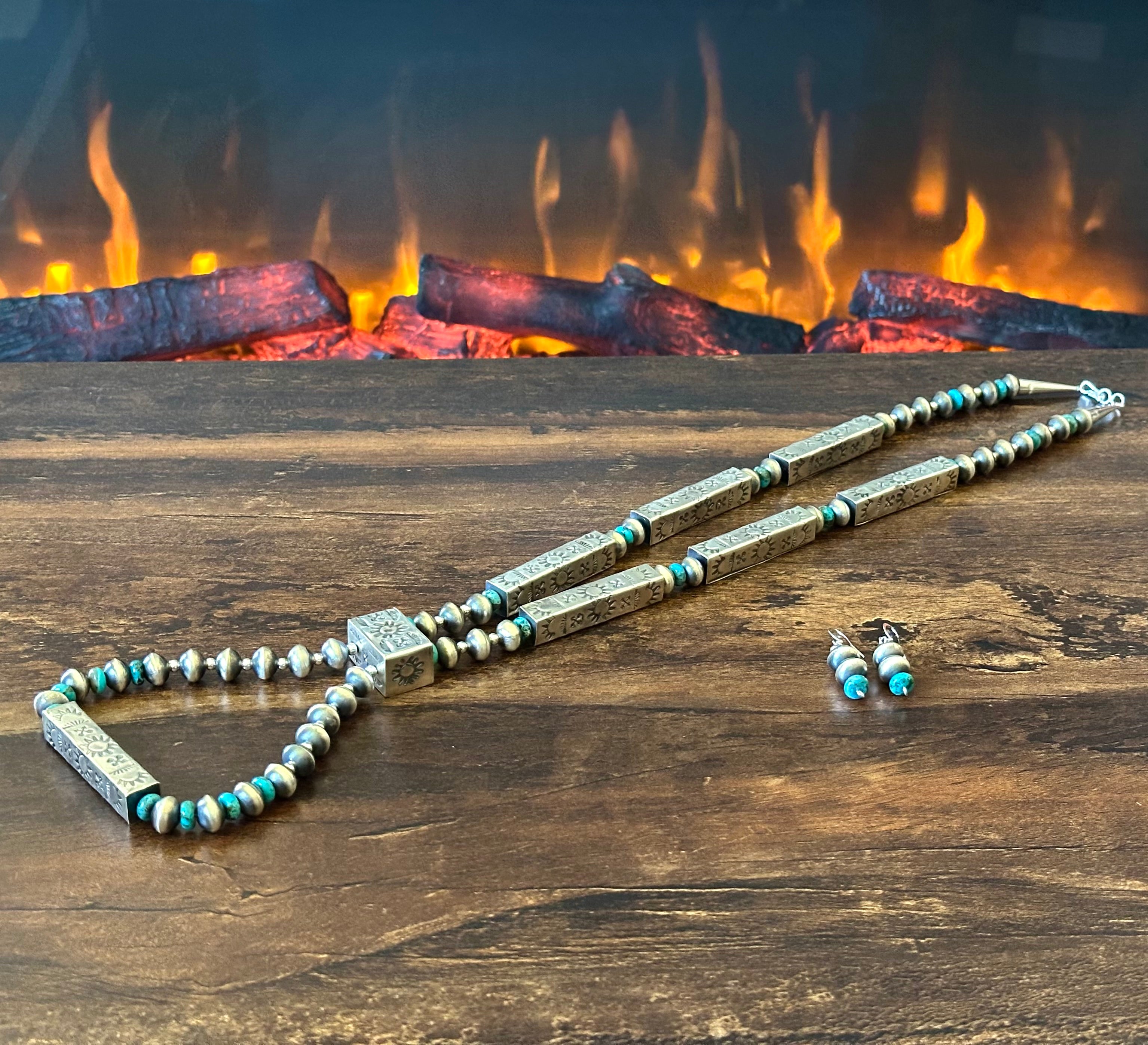 Navajo Tysha Aparicio Turquoise Sterling Handmade Rectangular Bead Stamped Necklace Earrings Set