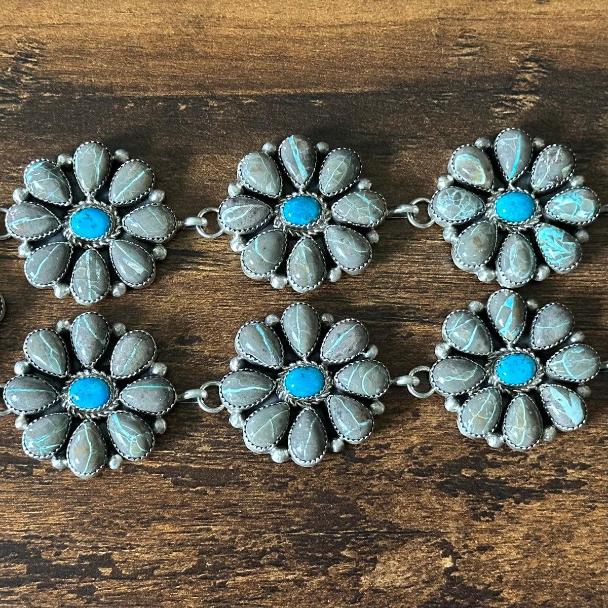 Navajo Pansy Johnson Carico Lake Ribbon & Persian Turquoise 74 Stone Sterling Cluster Statement Necklace Earrings Set