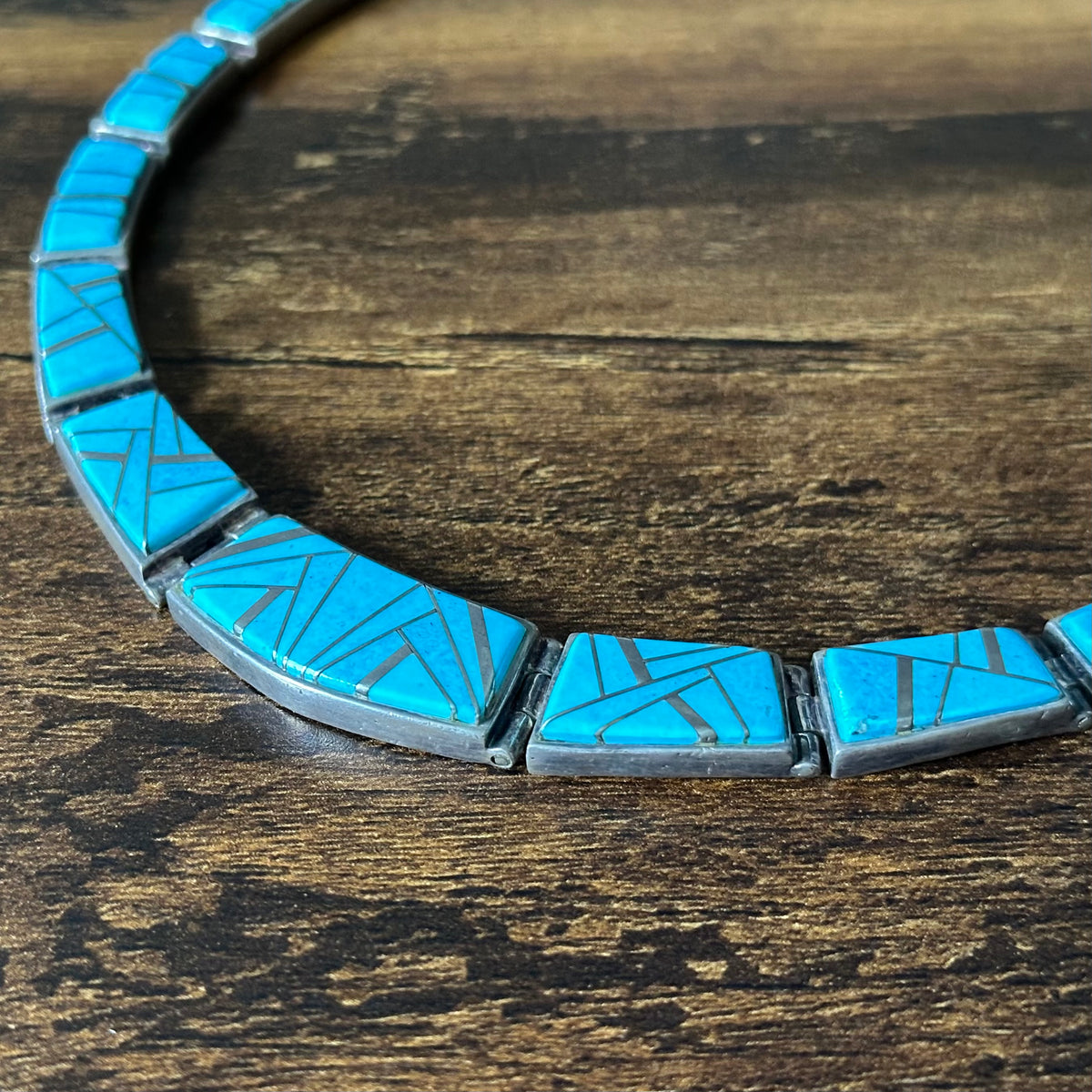 Navajo Pamela Daniels TSF Turquoise Sterling Hinged Geometric Inlay Necklace
