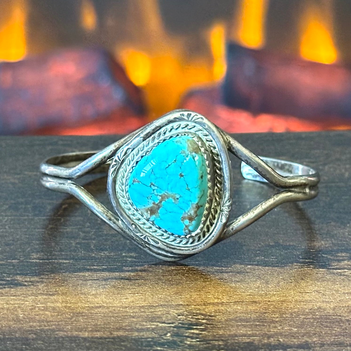 Turquoise Sterling Hand Stamped Twist Wire Bezel Cuff
