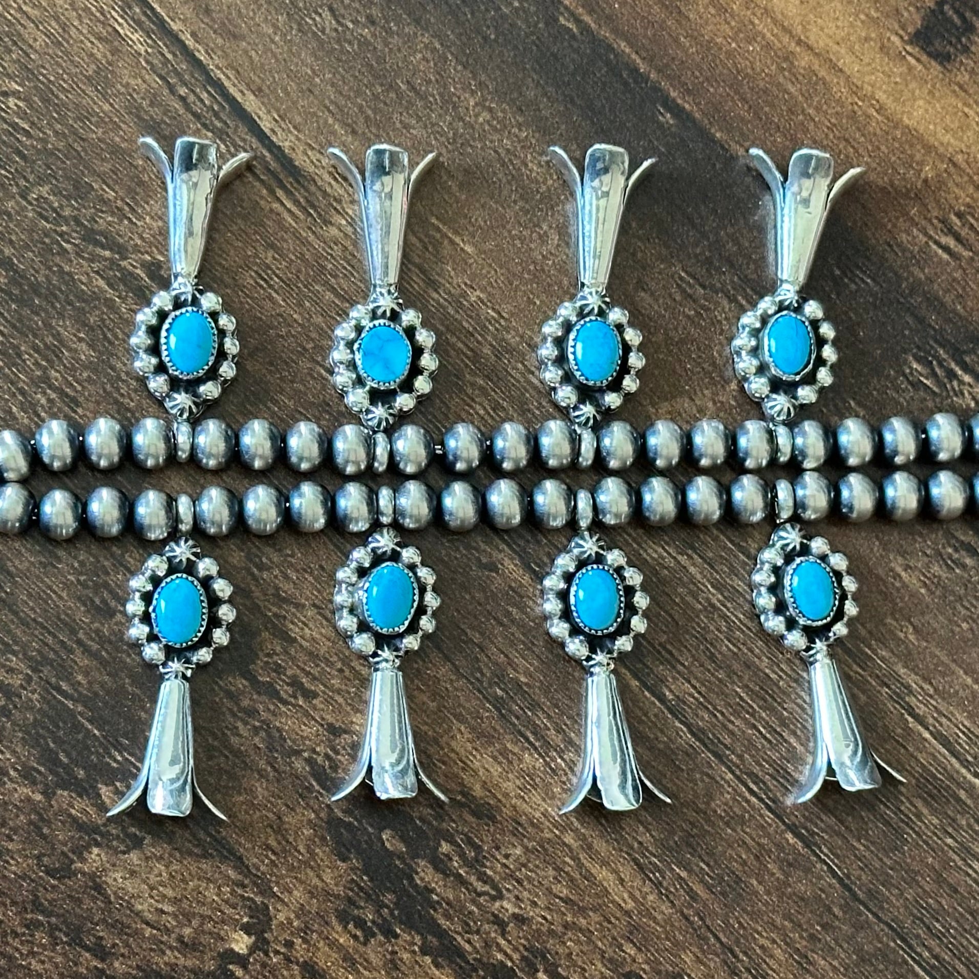 Navajo Jimmy Garcia Turquoise 19 Stone Sterling Raindrop Squash Blossom