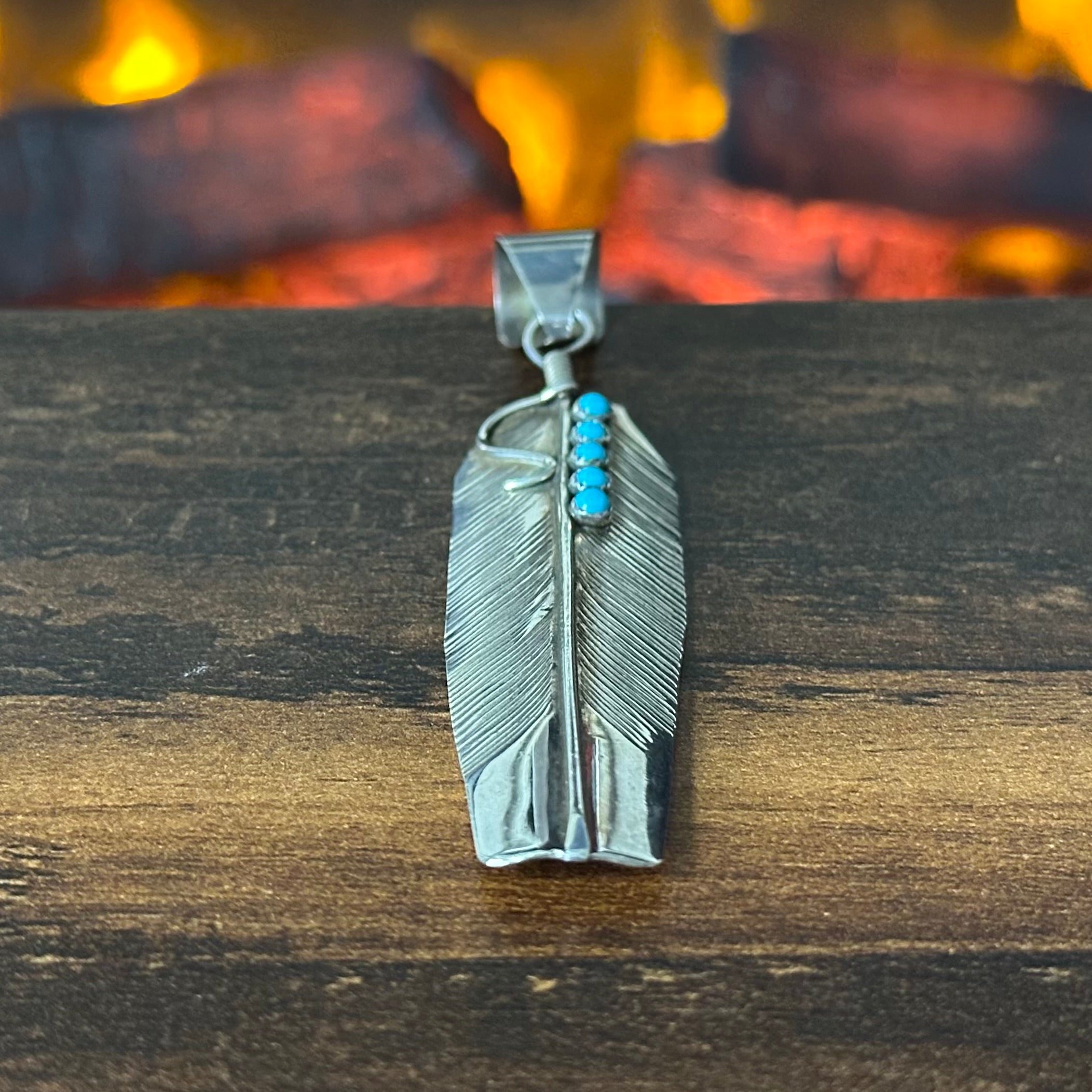 Navajo Bernice Bonney Turquoise 5 Stone Sterling Snake Eye Feather Pendant