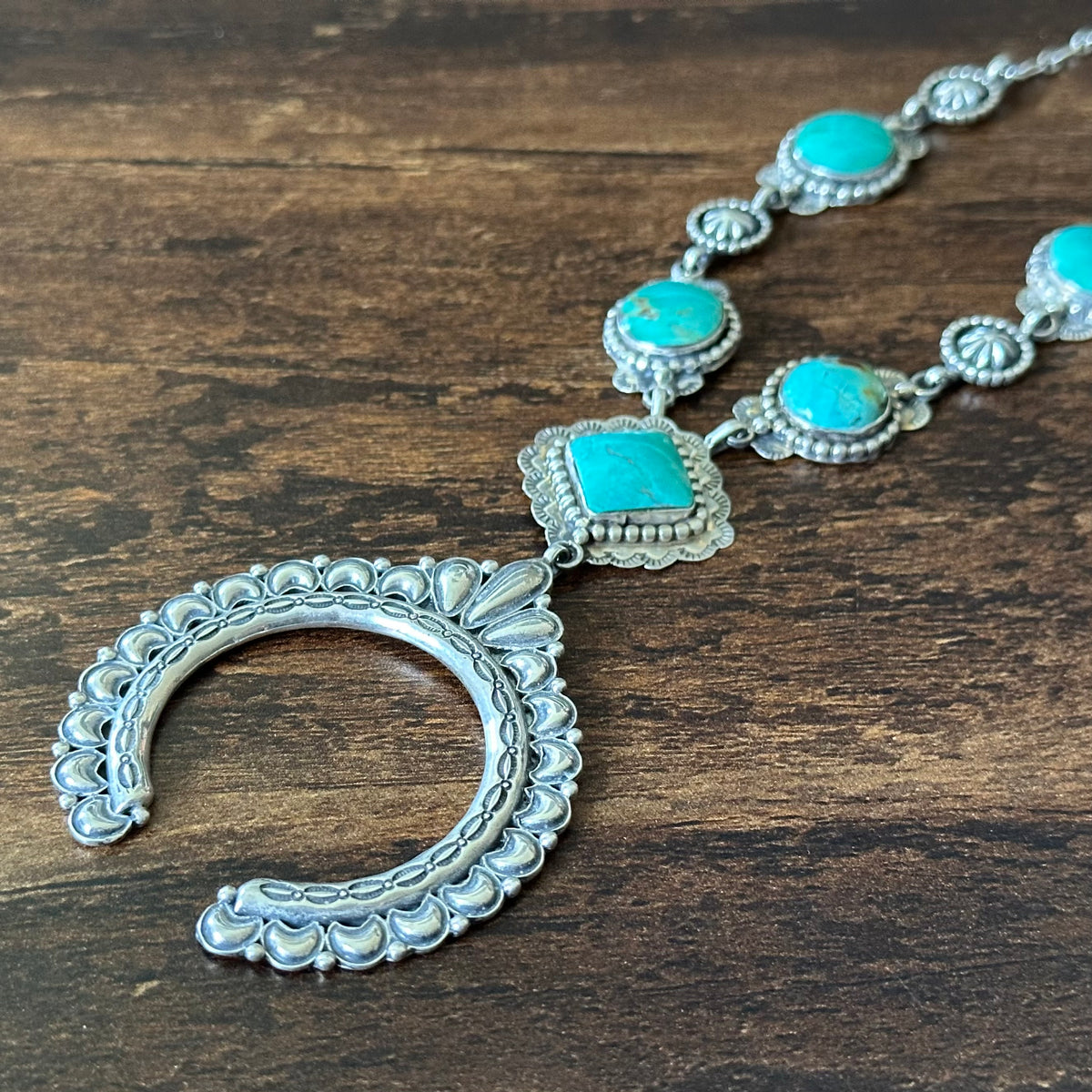 Navajo Charlene Yazzie Turquoise 5 Stone Sterling Hand Stamped Naja Necklace