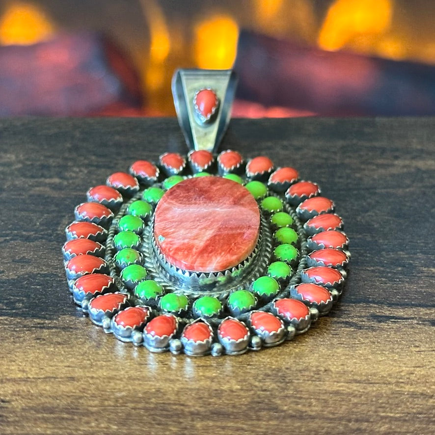 Navajo JW Toadlena Spiny Oyster Gaspeite Red Coral 49 Stone Sterling Cluster Pendant