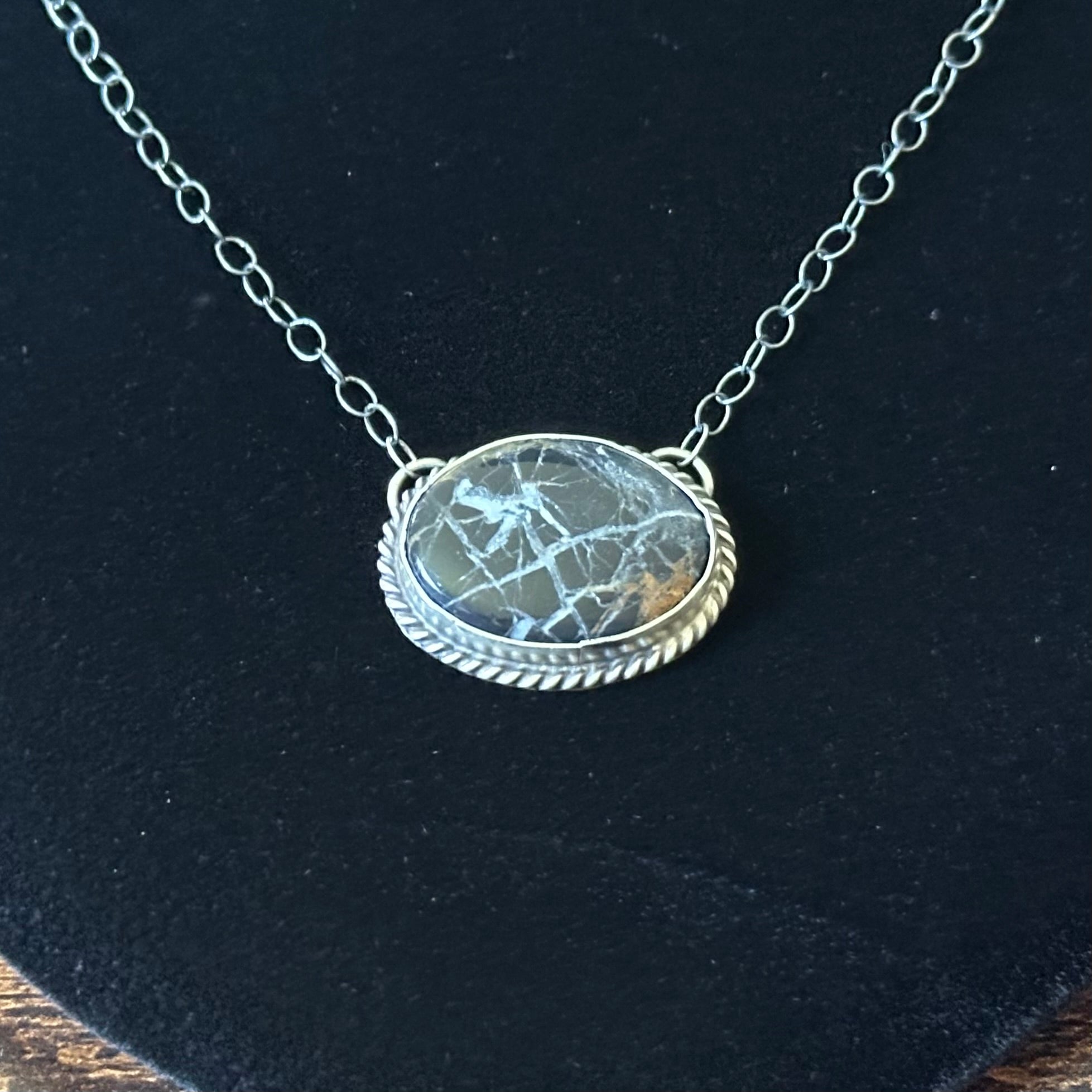 Navajo Hiram Largo White Buffalo Sterling Twist Wire Bezel Oval Pendant Necklace