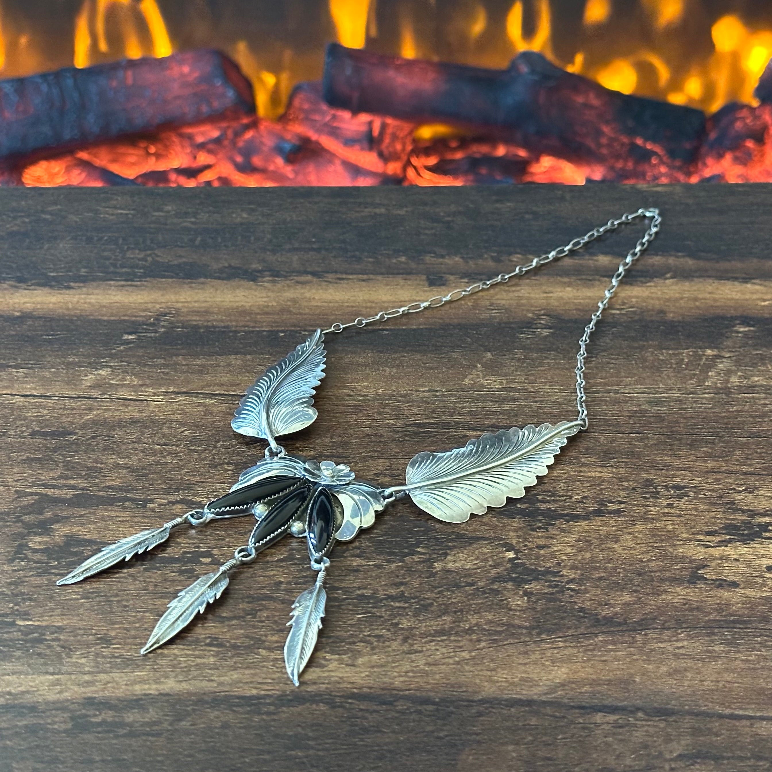 Navajo JW Toadlena Onyx 3 Stone Sterling Floral Leaf Feather Statement Necklace