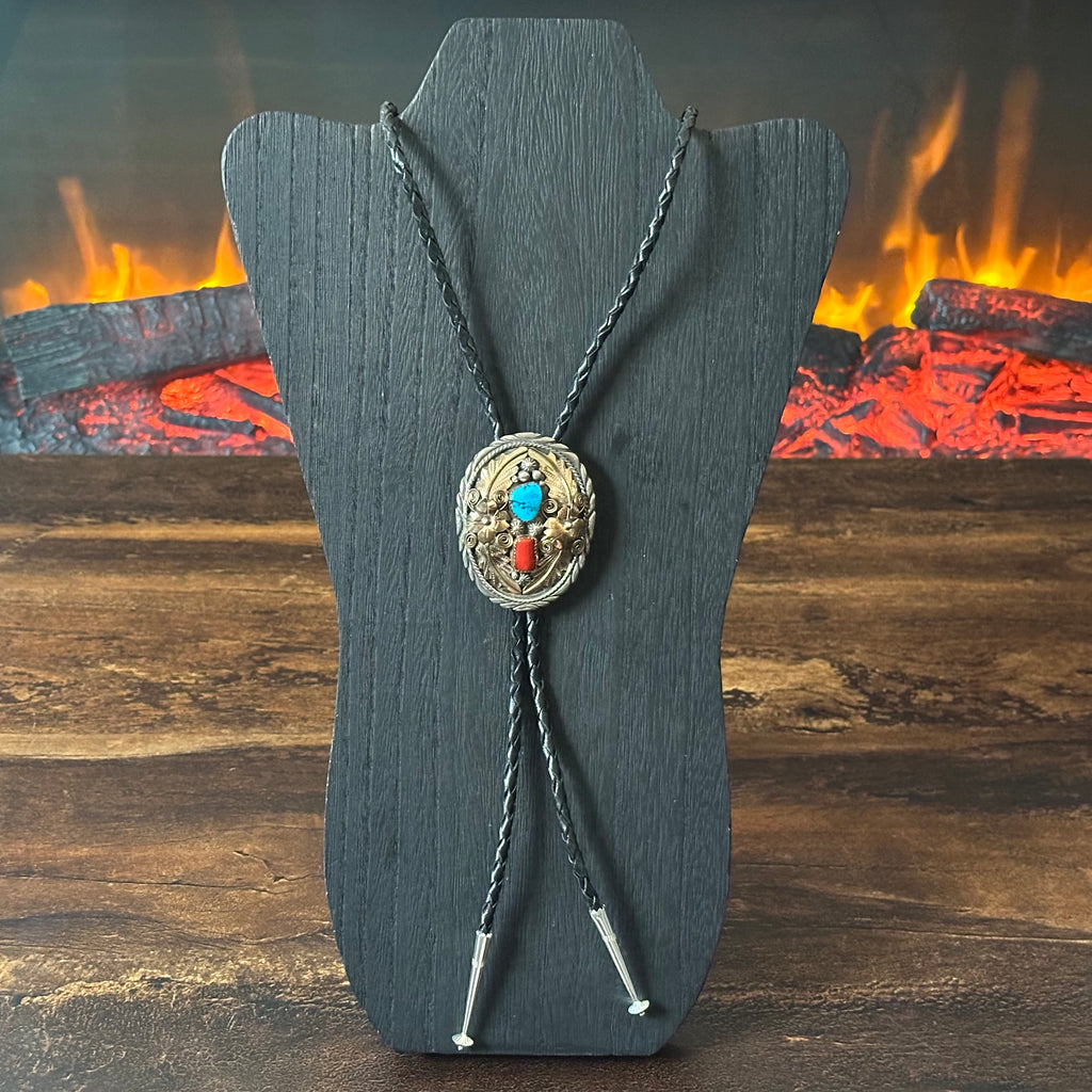 J.R. Estes Signed Turquoise Red Coral Gold Over Sterling Ornate Bolo Tie