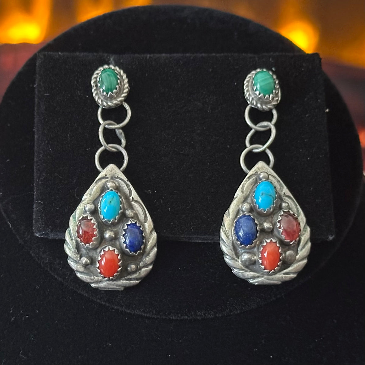P.A. Signed Turquoise Amethyst Red Coral Garnet Mother of Pearl Malachite Lapis 31 Stone Sterling Hand Stamped Teardrop Necklace Earrings Set