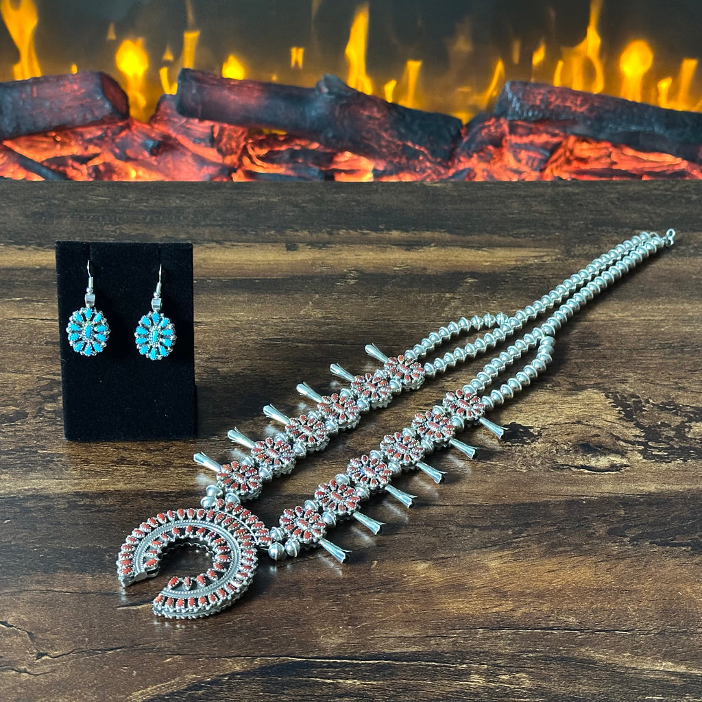 Navajo Elton James Reversible Turquoise Red Coral 376 Stone Sterling Petite Point Cluster Squash Blossom Necklace Earrings Set