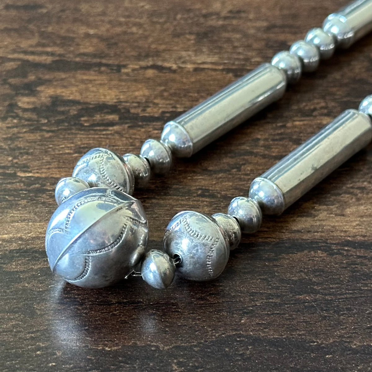 Sterling Handmade Graduated Hand Stamped Cylinder Bead Necklace