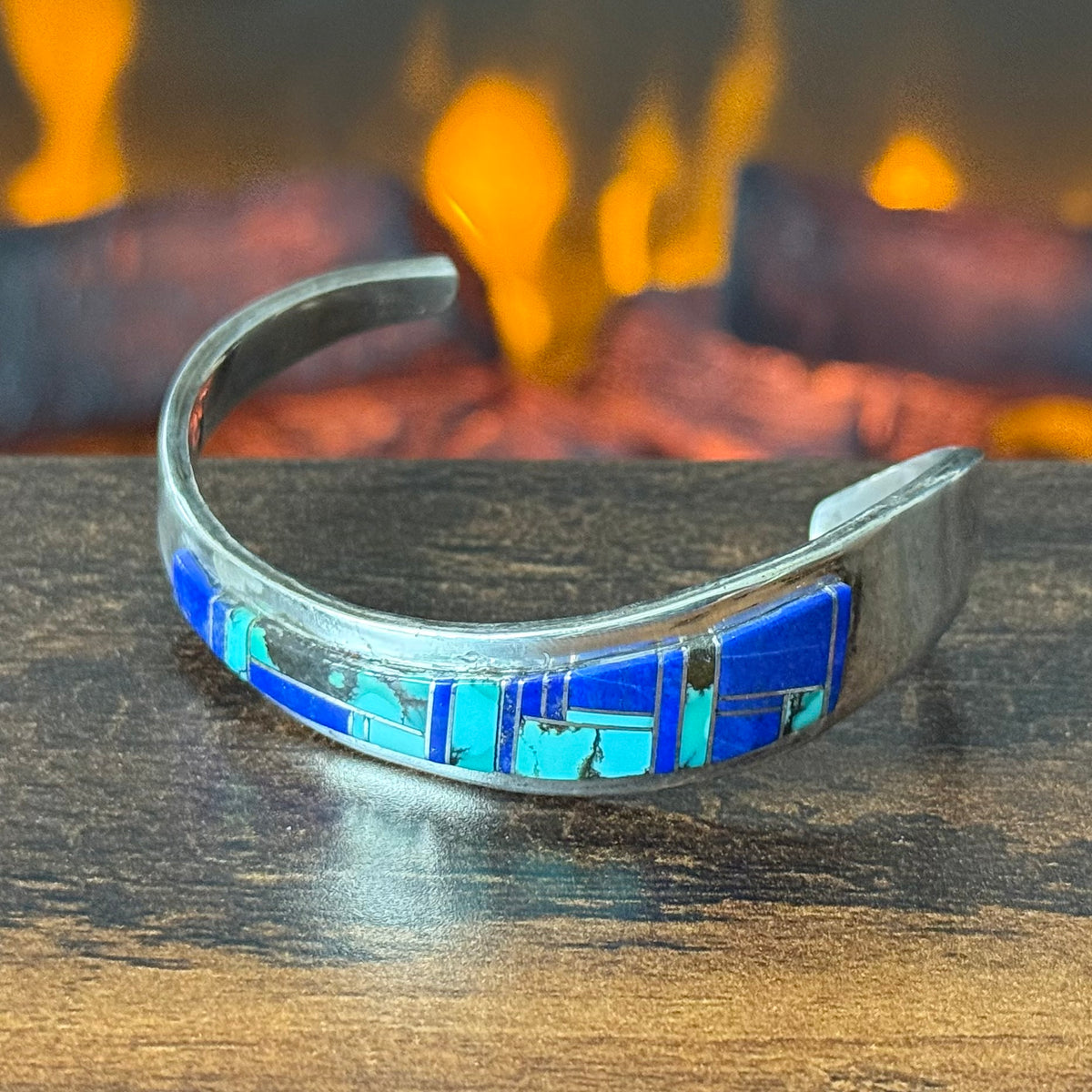 EB Signed Turquoise Lapis Sterling Abstract Inlay Cuff