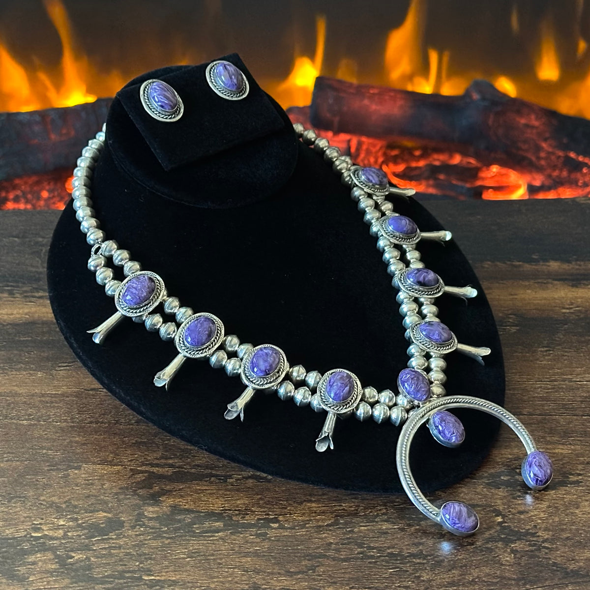 B Francisco Signed Charoite 12 Stone Sterling Squash Blossom Earrings Set