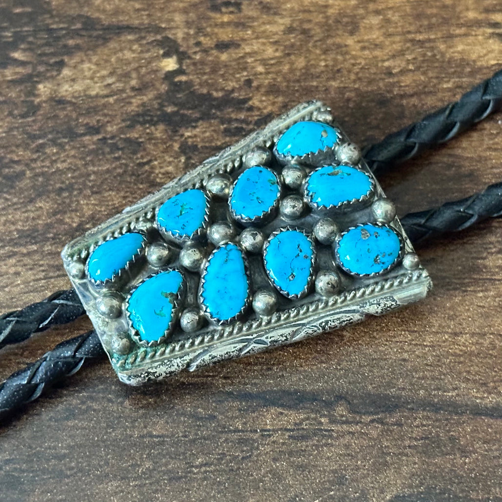 Navajo Dorothy Secatero Turquoise Sterling 9 Stone Cluster Hand Stamped Bolo Tie