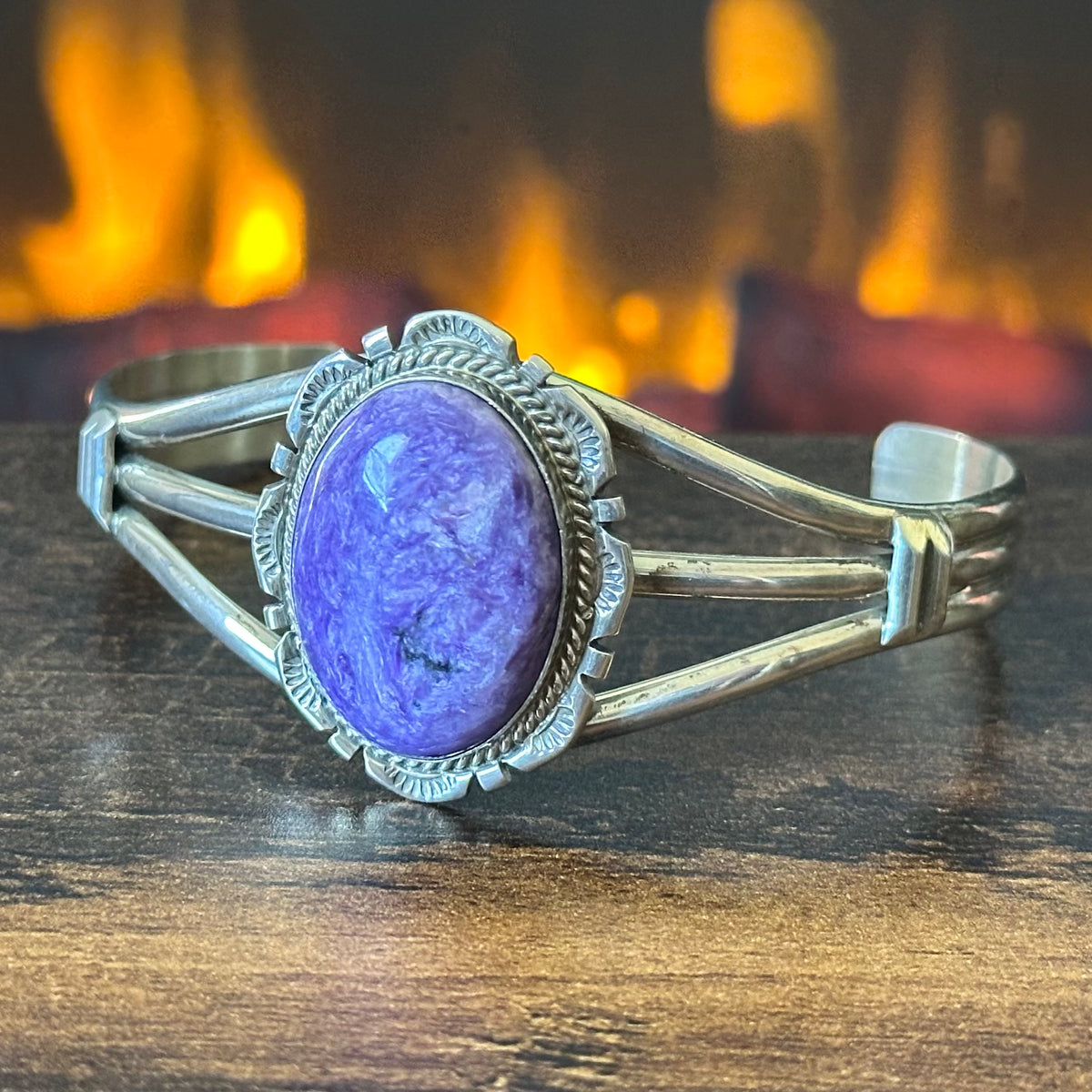 AL Signed Charoite Sterling Twist Hand Stamped Twist Wire Cuff