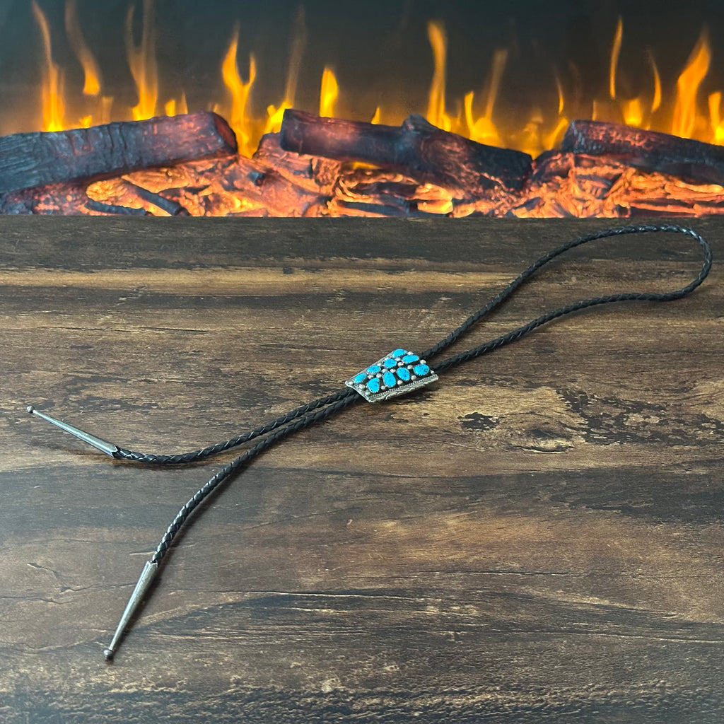 Navajo Dorothy Secatero Turquoise Sterling 9 Stone Cluster Hand Stamped Bolo Tie