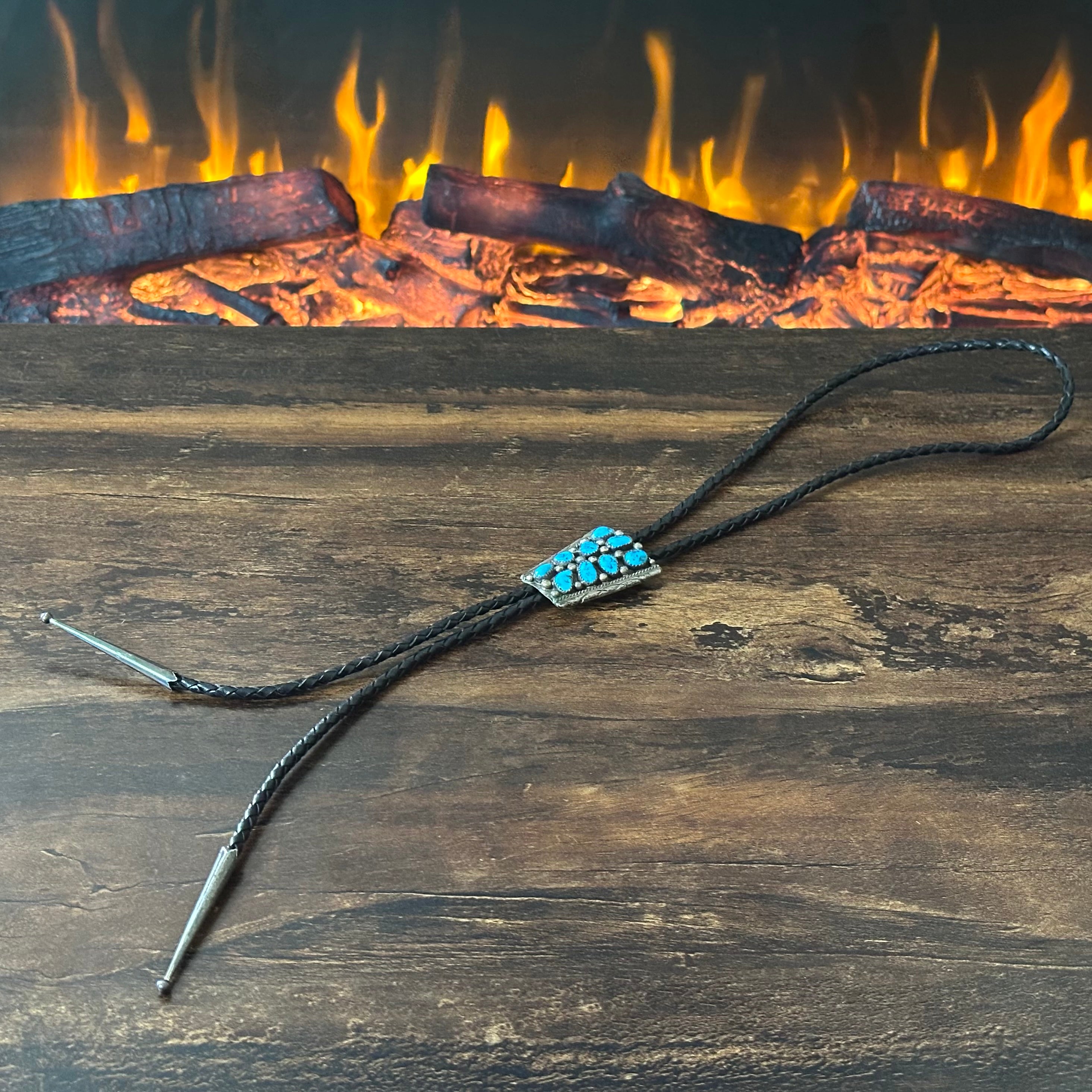 Navajo Dorothy Secatero Turquoise Sterling 9 Stone Cluster Hand Stamped Bolo Tie
