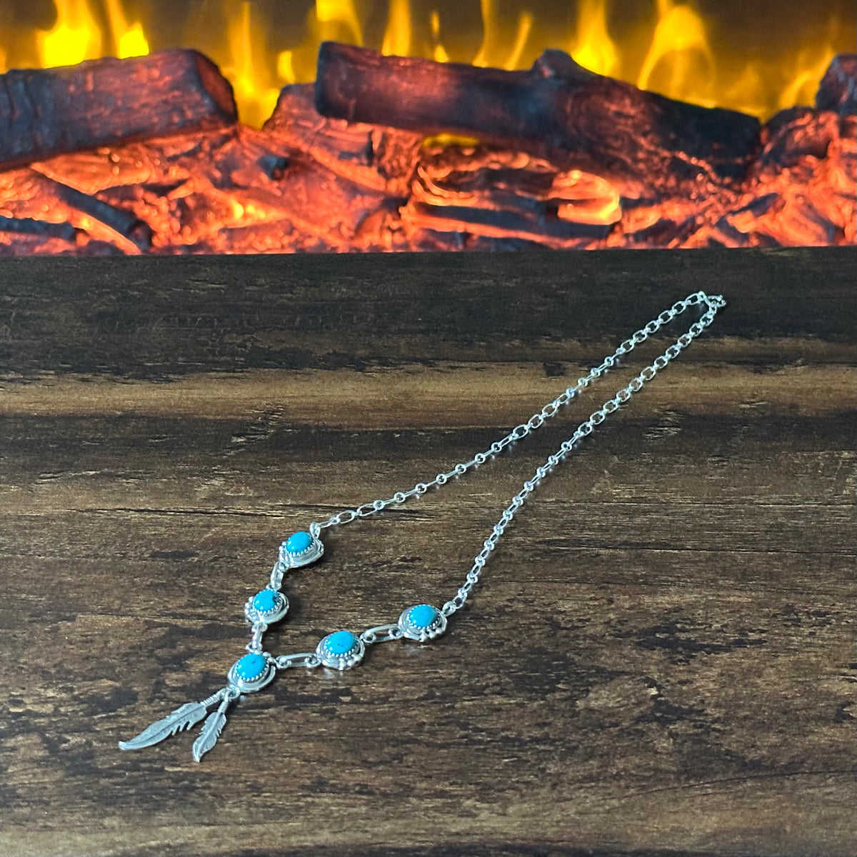 Navajo Verley Betone Turquoise 5 Stone Sterling Feather Necklace