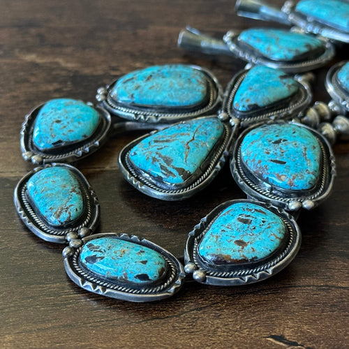 1960-70s Turquoise 20 Stone Chunky Sterling Handmade Bead Squash Blossom