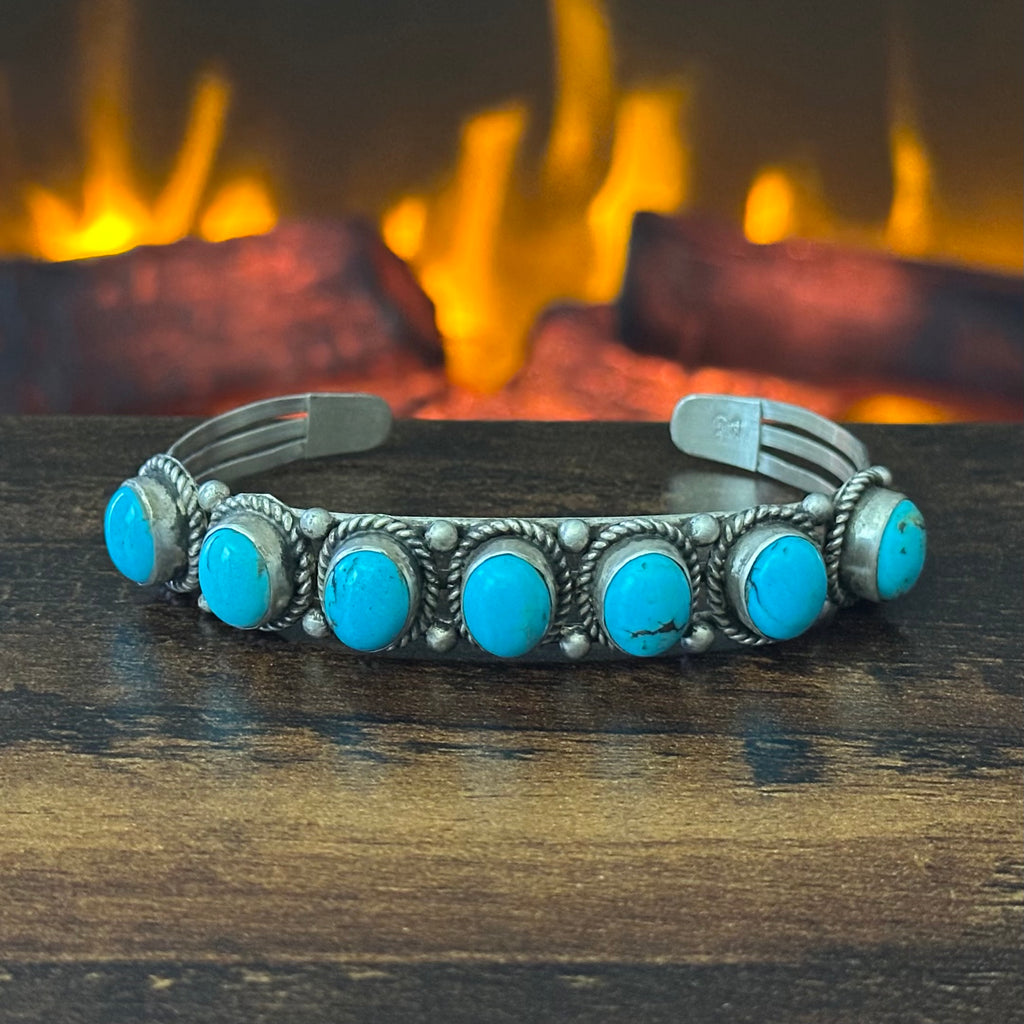 Running Bear Trading Turquoise 7 Stone Sterling Twist Wire Bezel Raindrop Cuff