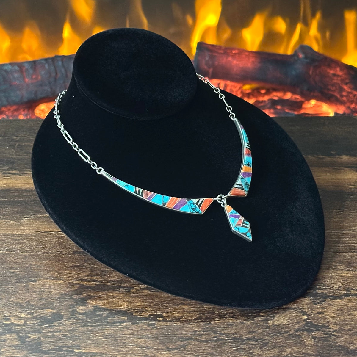 Touch of Santa Fe Turquoise Red Coral Spiny Oyster Sugilite Onyx Opal Sterling Inlay Necklace