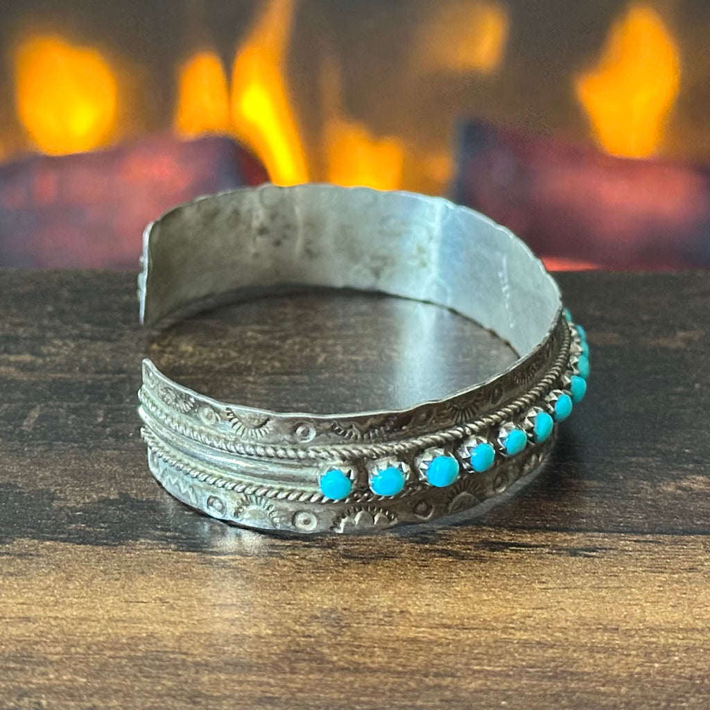 Zuni Jason & Pearl Ukestine Turquoise 21 Stone Sterling Hand Stamped Snake Eye Stacker Cuff