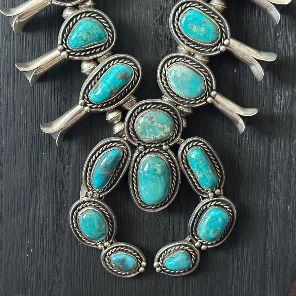 Turquoise 20 Stone Sterling Handmade Bead Twist Wire Bezel Squash Blossom