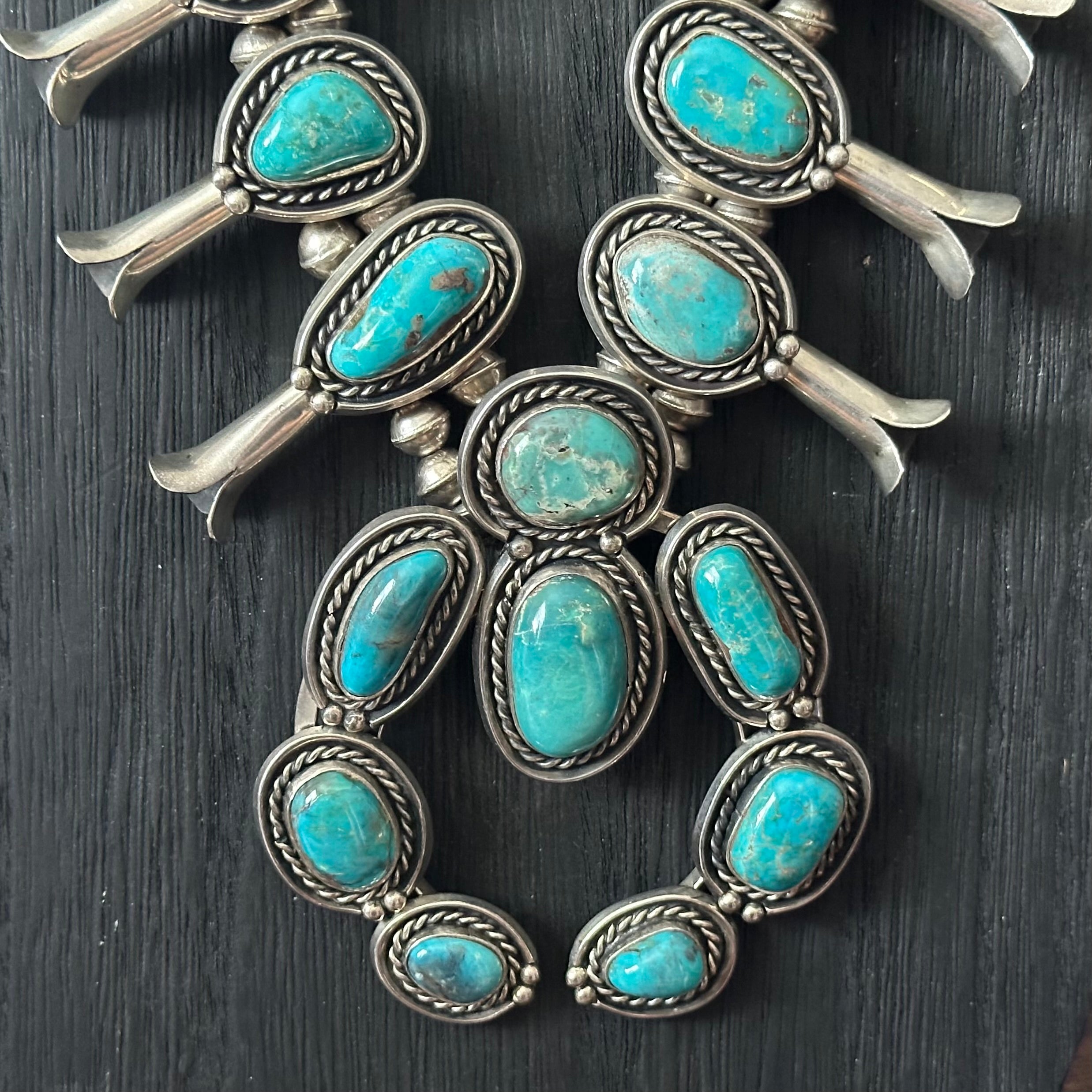 Turquoise 20 Stone Sterling Handmade Bead Twist Wire Bezel Squash Blossom