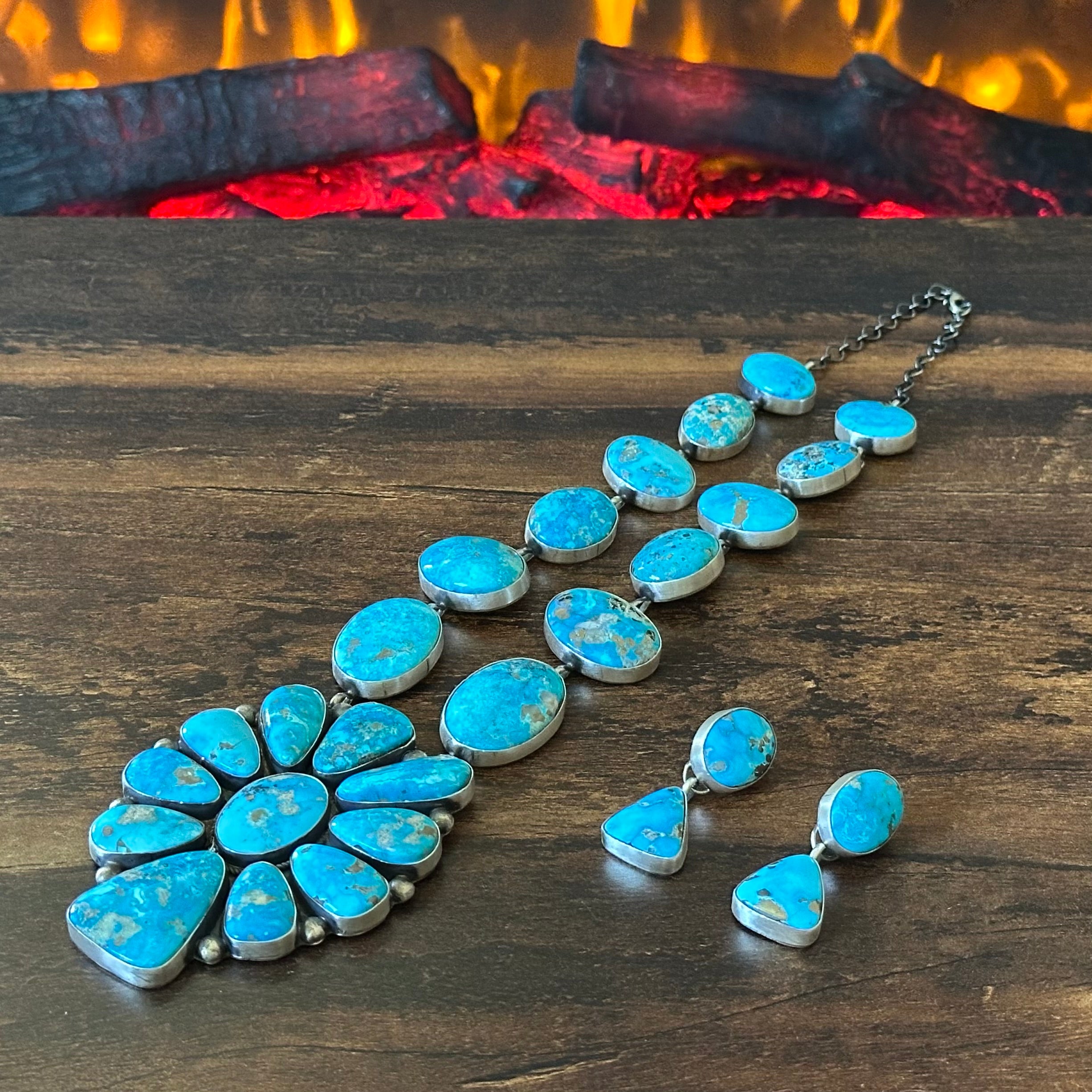 Navajo Hiram Largo Blue Ridge Turquoise 23 Stone Sterling Lariat Necklace Earrings Set