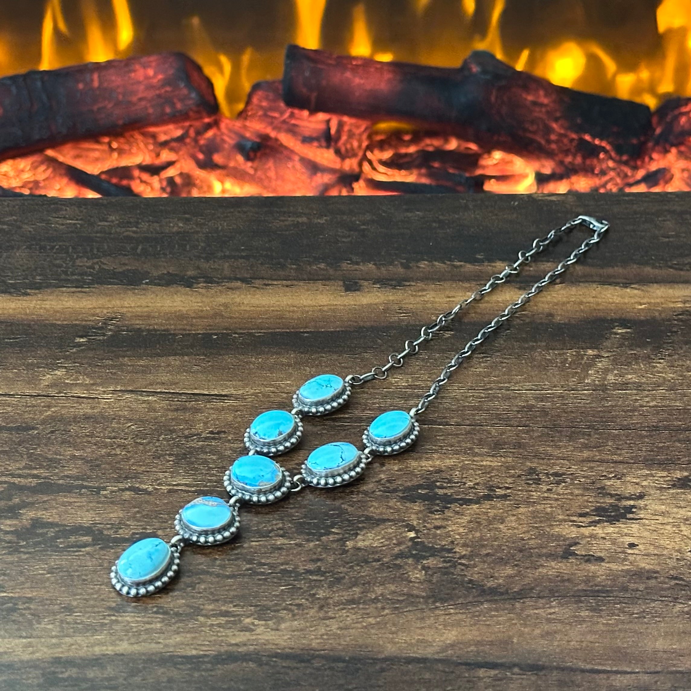 Navajo Mary Spencer Golden Hills Turquoise 7 Stone Sterling Lariat Necklace
