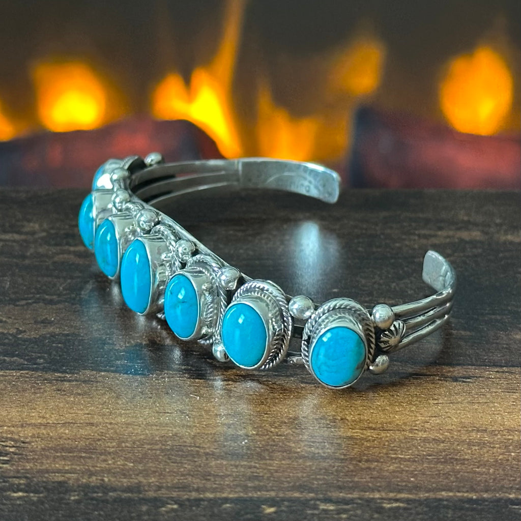 Navajo Jimmy Garcia Turquoise 7 Stone Sterling Twist Wire Bezel Raindrop Cuff