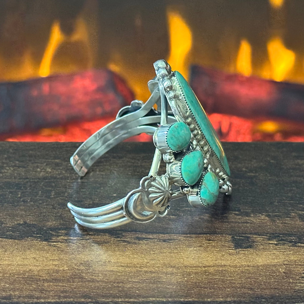Running Bear Trading Turquoise 7 Stone Sterling Twist Wire Bezel Raindrop Statement Cuff