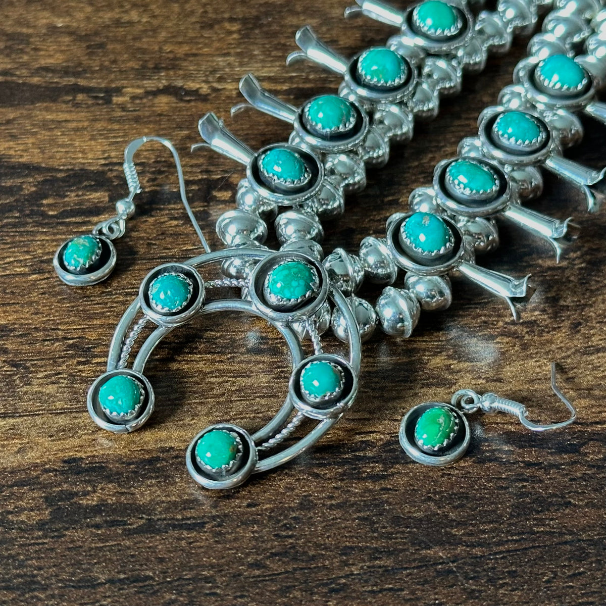Navajo Phil & Lenora Garcia Sonoran Gold Turquoise 13 Stone Sterling Squash Blossom Necklace Earrings Set