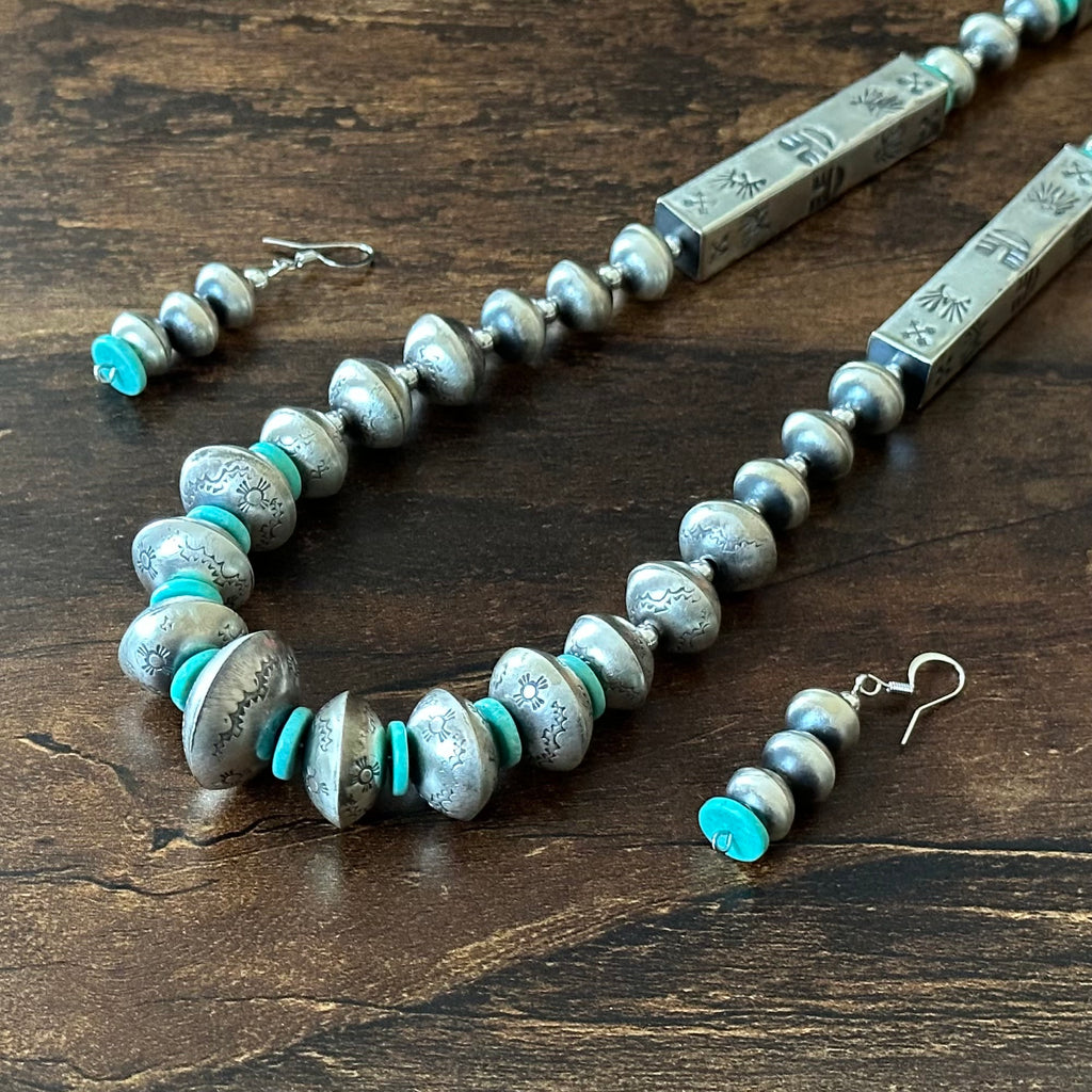 Navajo Tysha Aparicio Turquoise Sterling Handmade Rectangular Bead Stamped Necklace Earrings Set