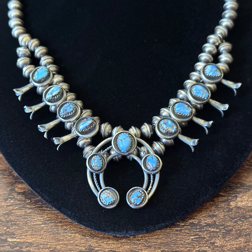 Navajo Phil & Lenora Garcia Golden Hills Turquoise 13 Stone Oxidized Sterling Squash Blossom Earrings Set