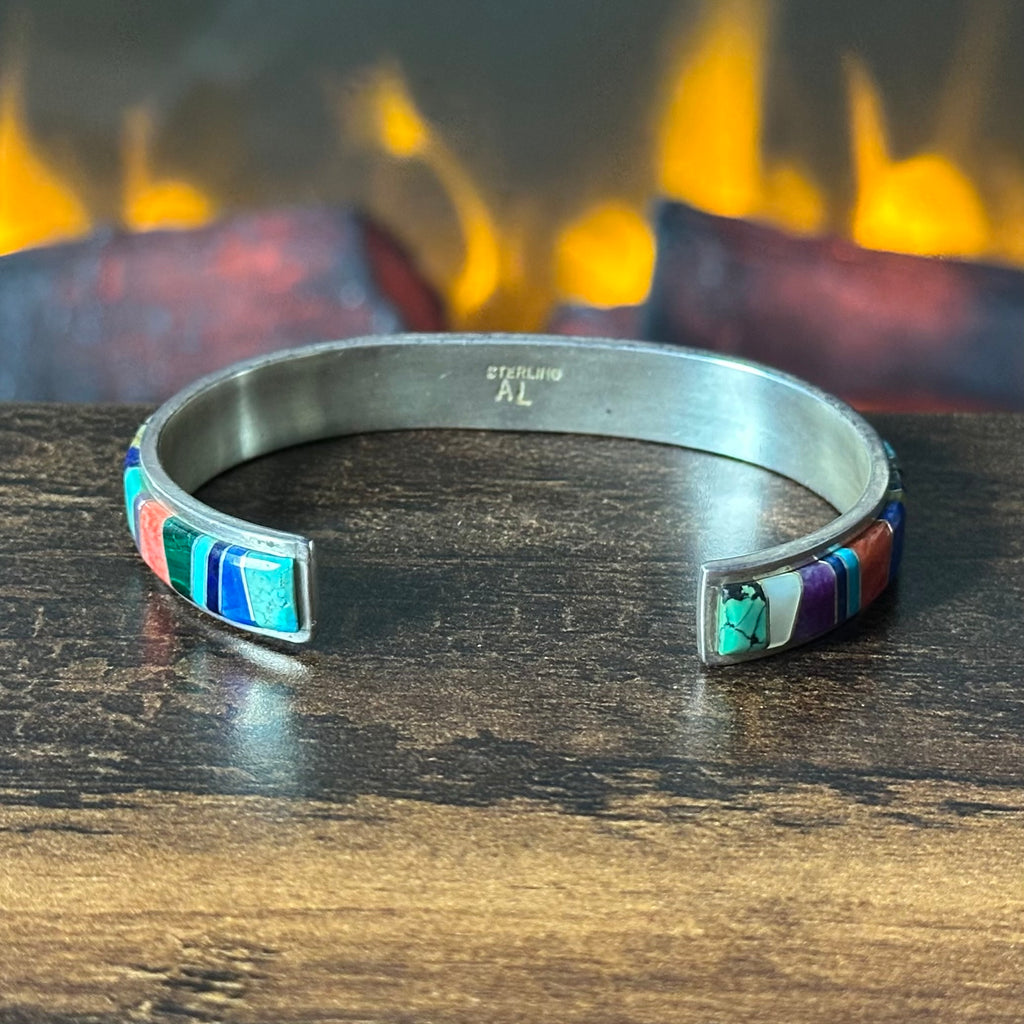 AL Signed Turquoise Lapis Spiny Oyster Sugilite Jasper Opal Sterling Wraparound Inlay Cuff