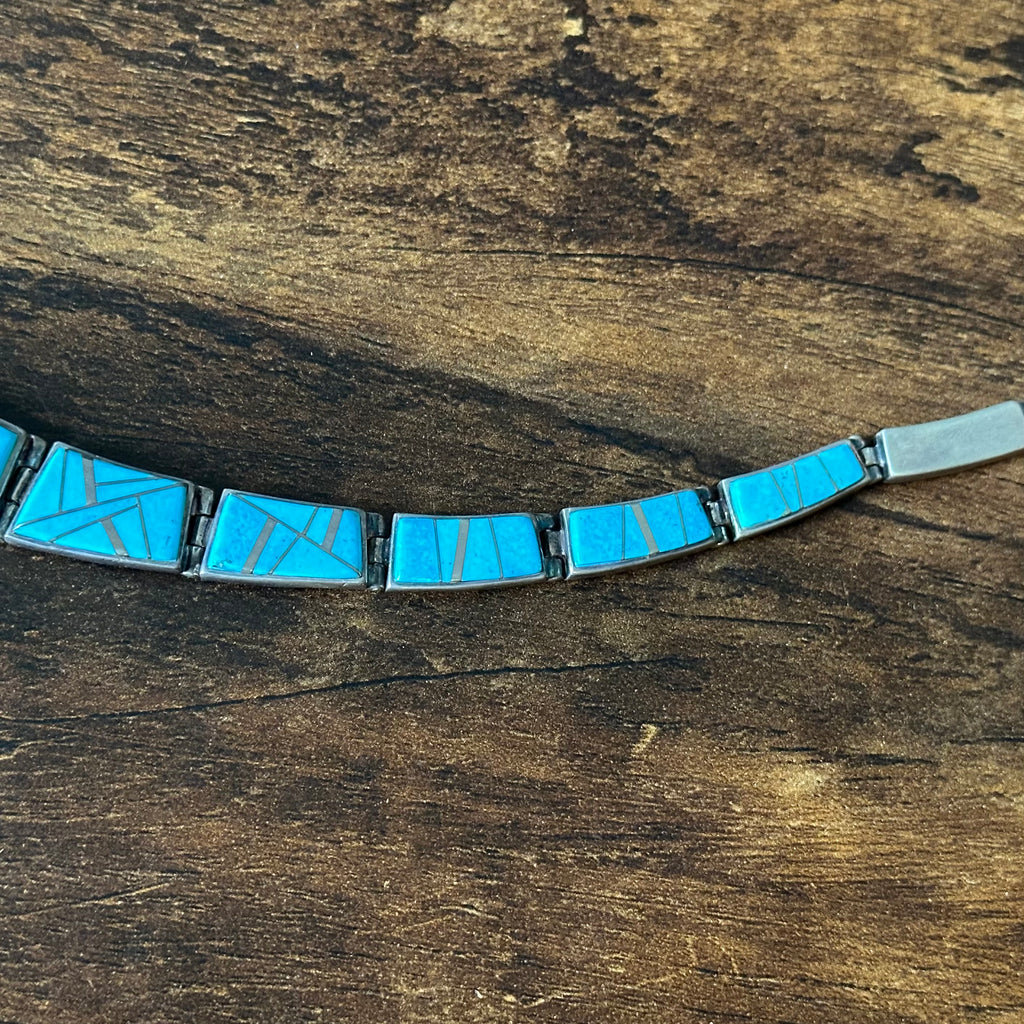 Navajo Pamela Daniels TSF Turquoise Sterling Hinged Geometric Inlay Necklace