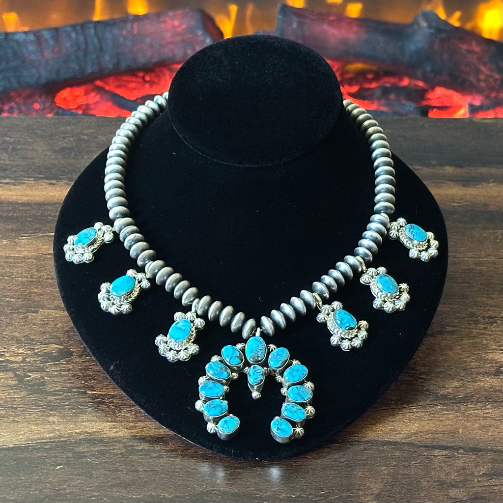 Running Bear Trading Turquoise 18 Stone Sterling Handmade Saucer Bead Naja Necklace