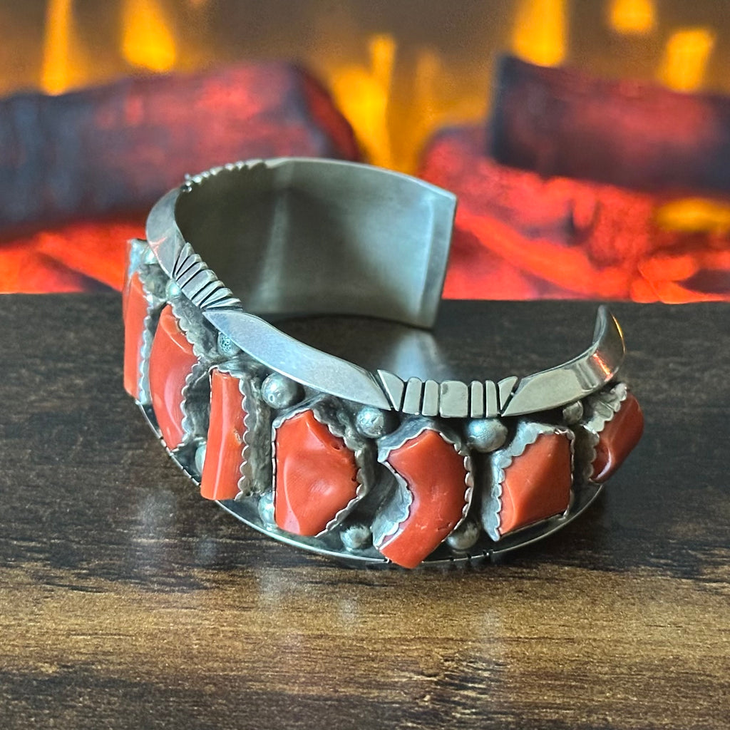 Navajo JW Toadlena Red Coral 11 Stone Sterling Raindrop Statement Cuff