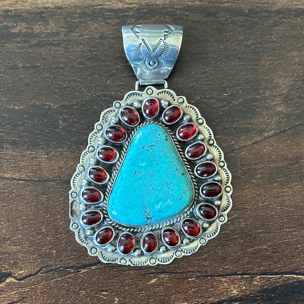 DV Signed Turquoise Garnet 19 Stone Sterling Hand Stamped Raindrop Statement Pendant