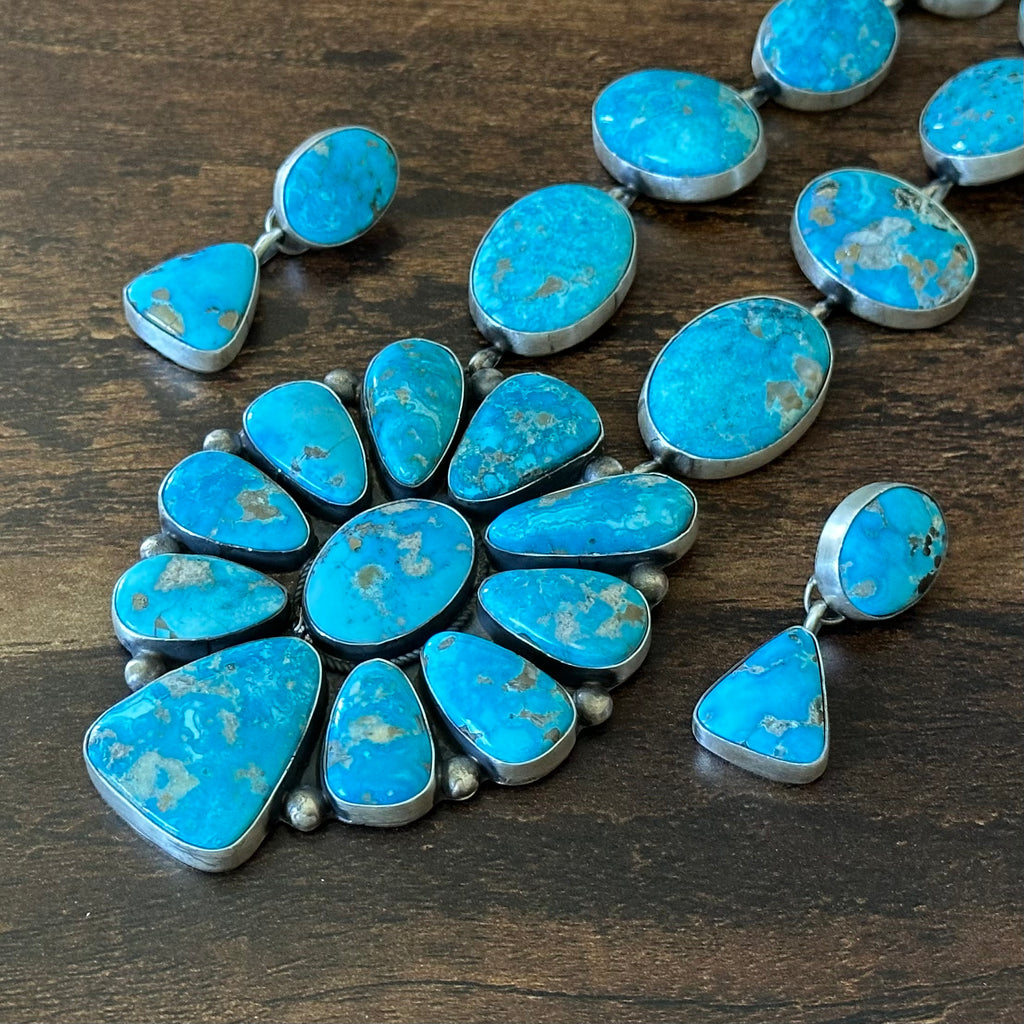 Navajo Hiram Largo Blue Ridge Turquoise 23 Stone Sterling Lariat Necklace Earrings Set