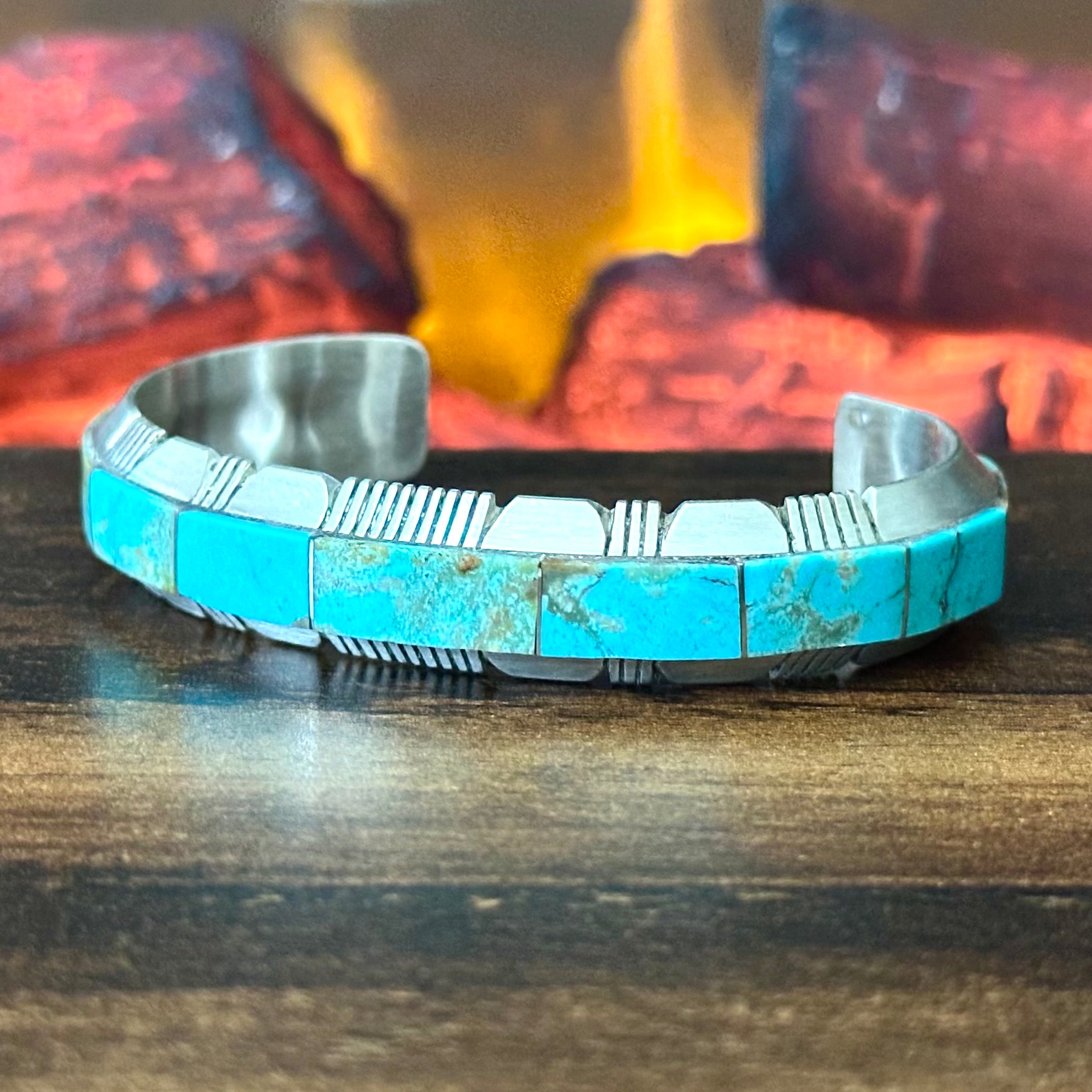 Navajo Steve Francisco Mine #8 Turquoise Sterling Wraparound Inlay Cuff