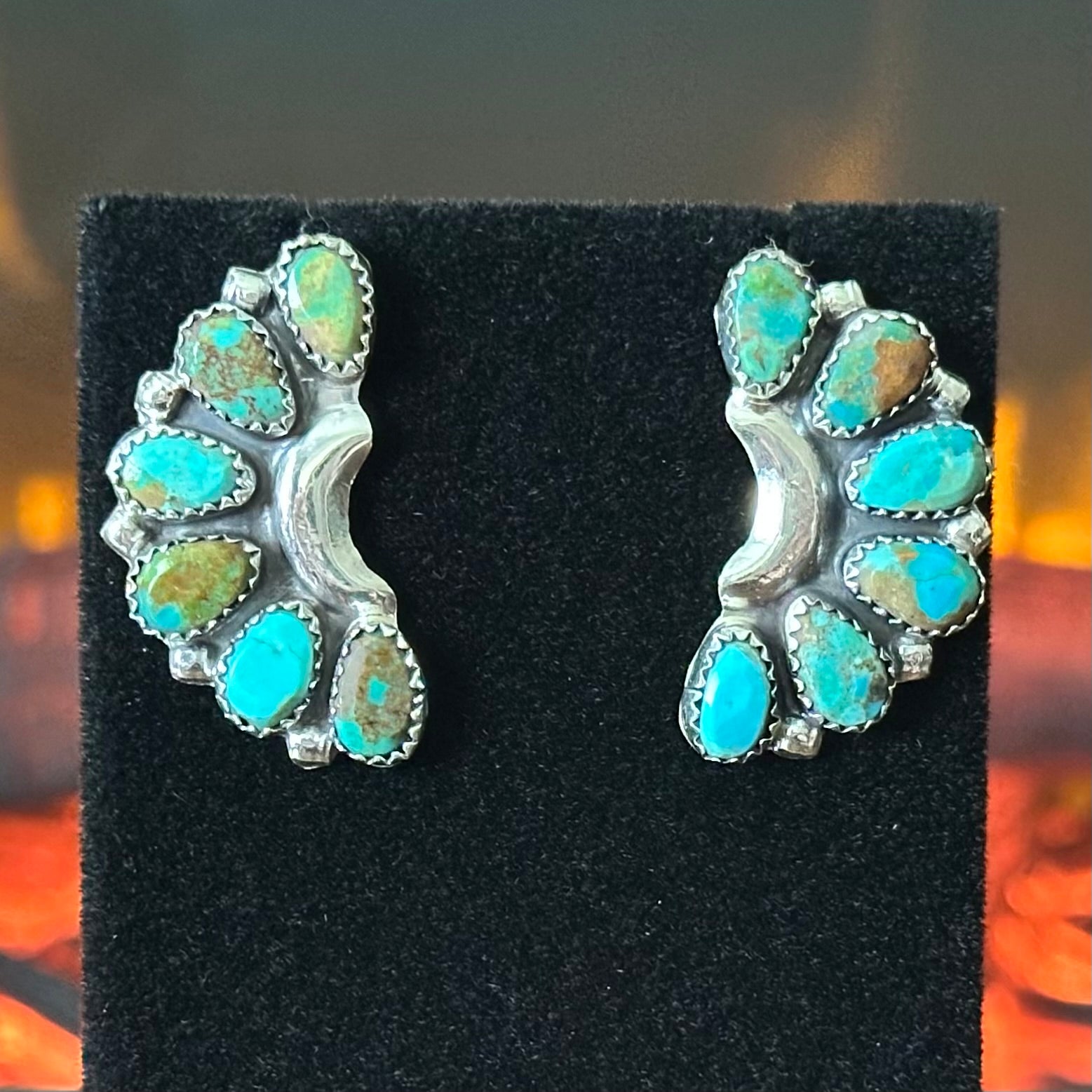 Navajo Derrina Wauneka Kingman Turquoise 12 Stone Sterling Half Cluster Stud Earrings