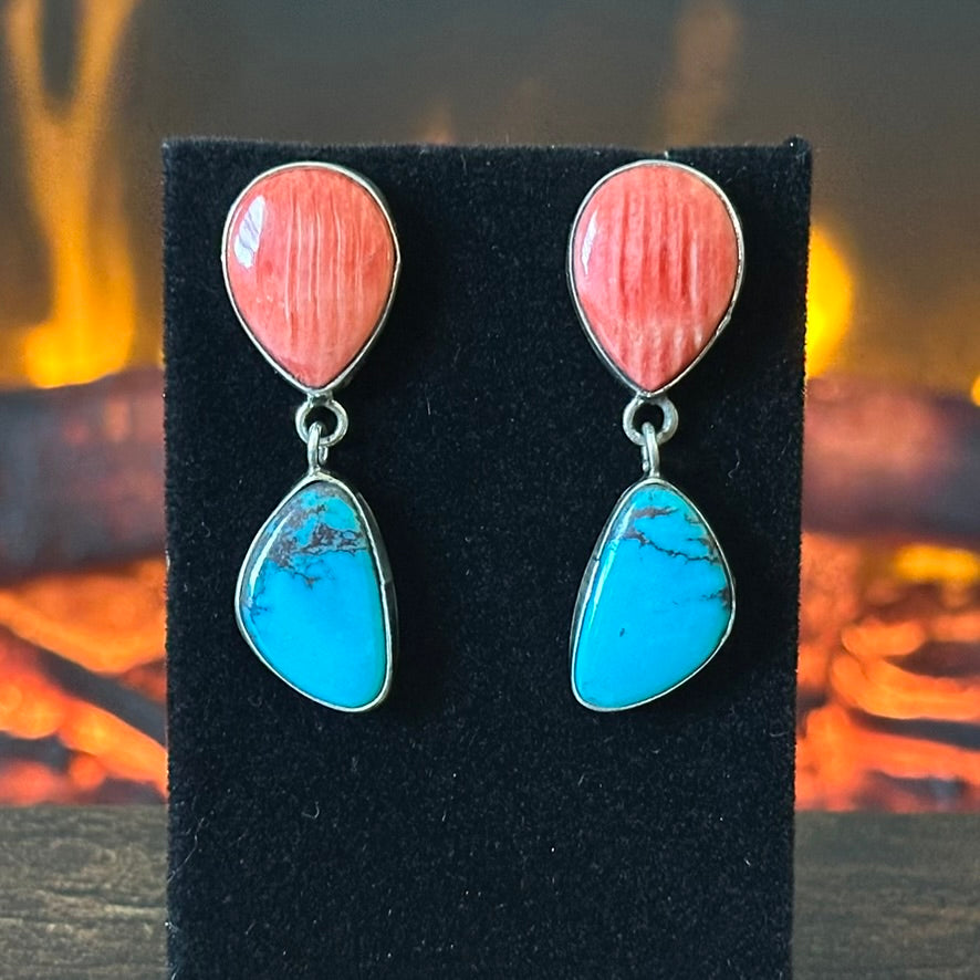 Navajo Phil & Lenora Garcia Turquoise Spiny Oyster Sterling Dangle Earrings