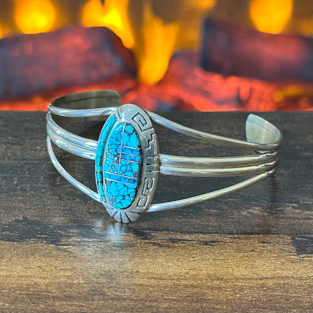 Navajo Aaron Johnson Webbed Turquoise Sterling Hand Stamped Oval Inlay Cuff
