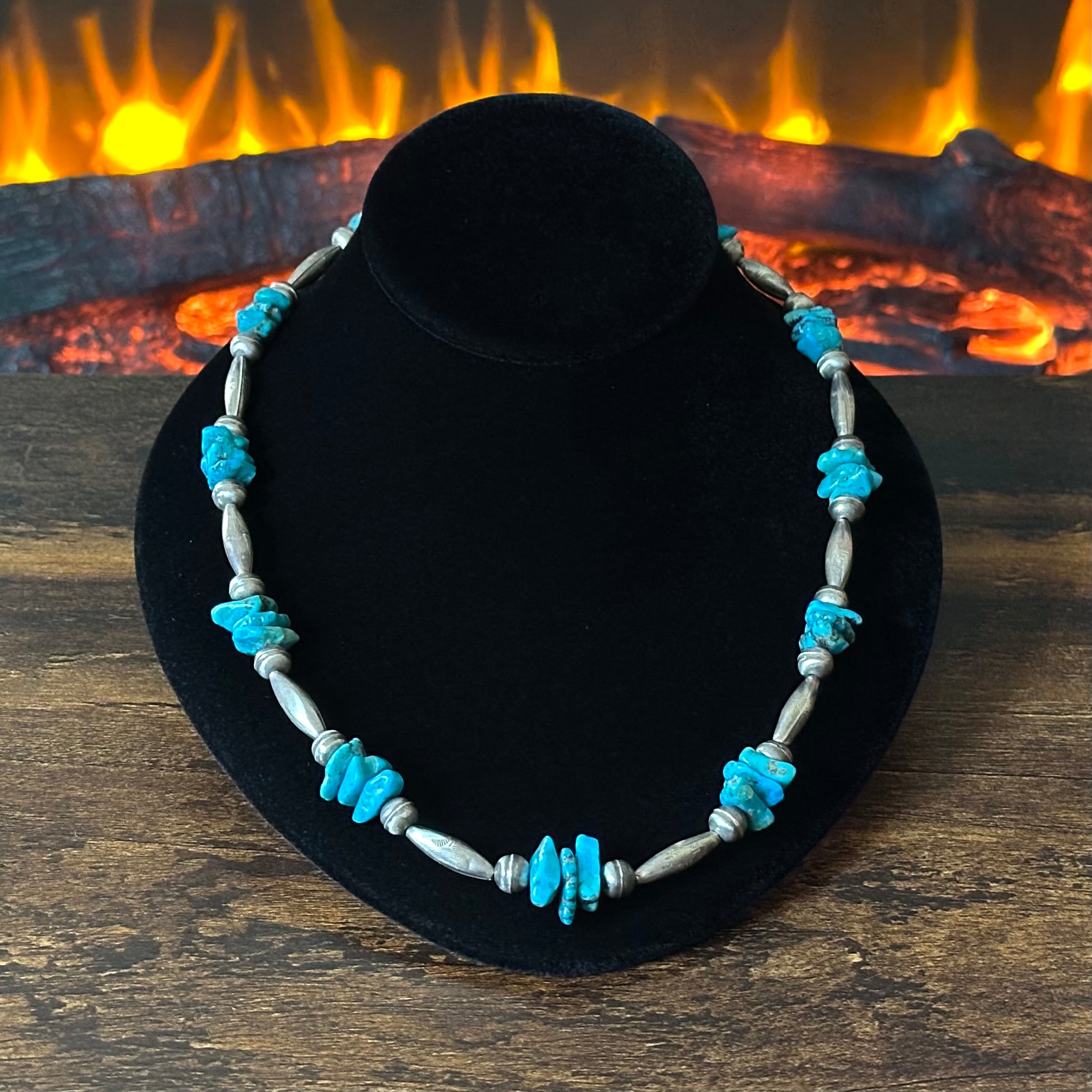 Chunky Turquoise 33 Stone Sterling Bench Stamped Torpedo Bead Necklace