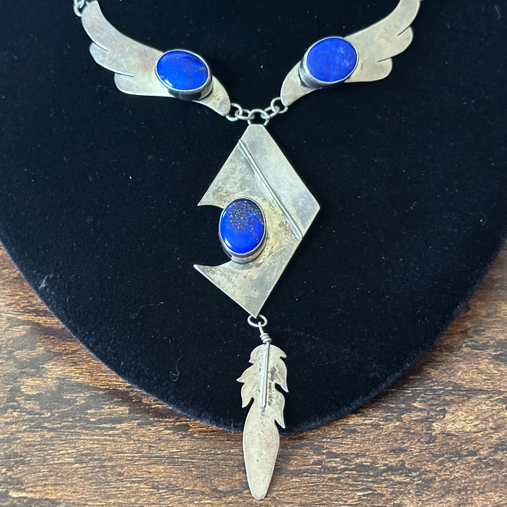 Navajo Leonard & Marian Nez Lapis 3 Stone Sterling Abstract Wing Feather Necklace