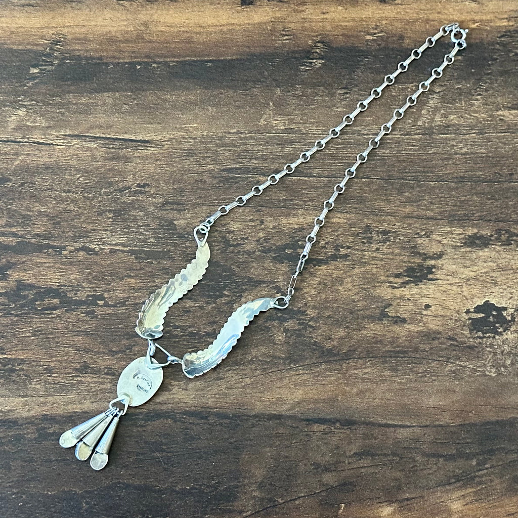 Navajo Harry Spencer Pink Mother of Pearl 4 Stone Sterling Hand Stamped Feather Necklace