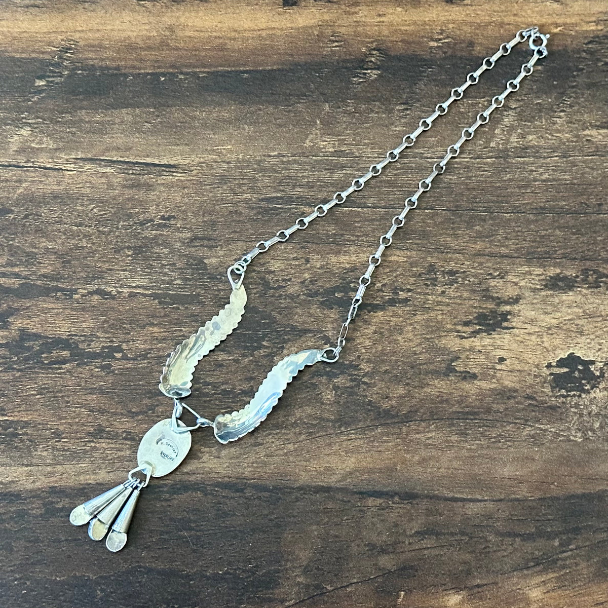 Navajo Harry Spencer Pink Mother of Pearl 4 Stone Sterling Hand Stamped Feather Necklace