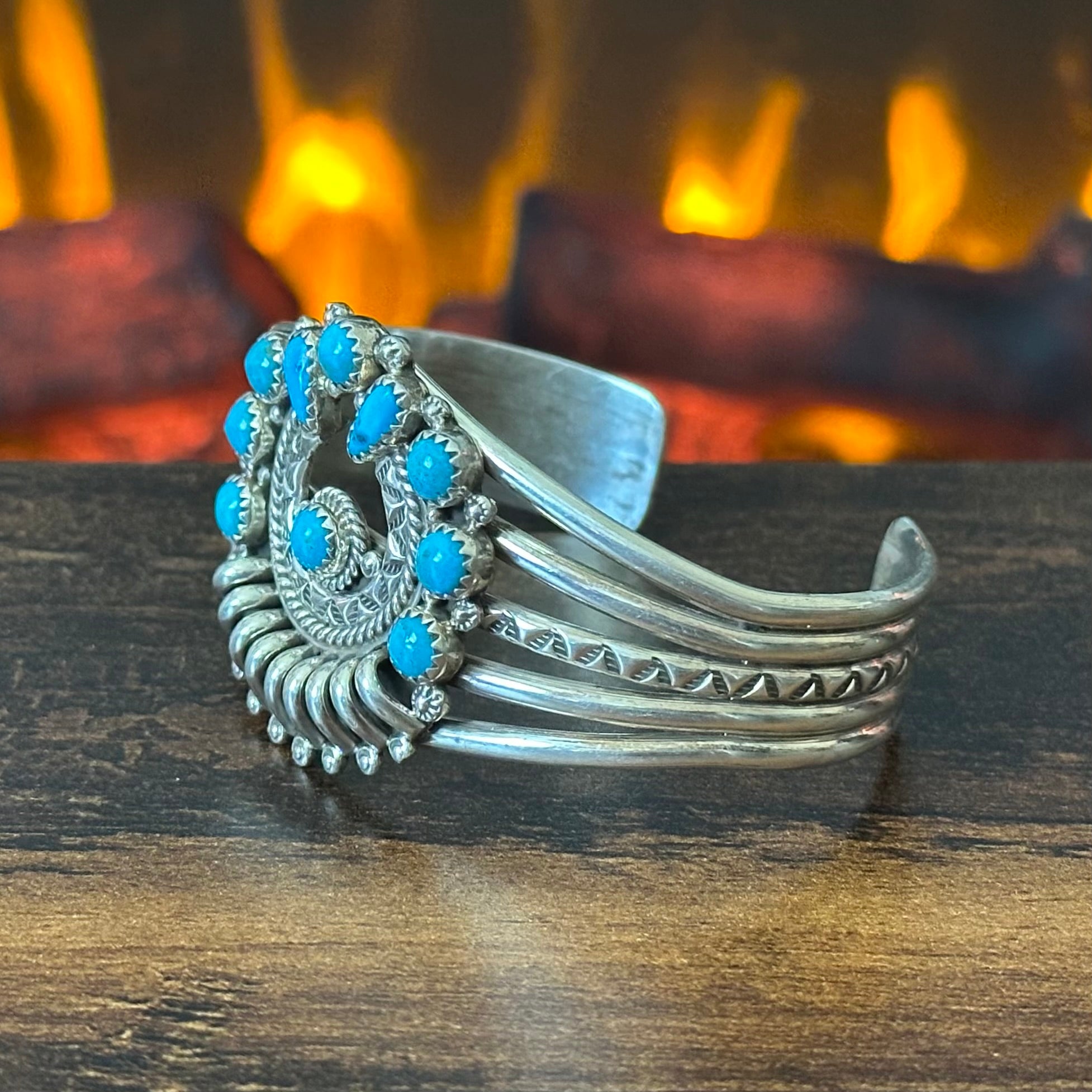Navajo Nora Tsosie Turquoise 44 Stone Sterling Hand Stamped Petite Point Naja Statement Necklace Earrings Cuff Set